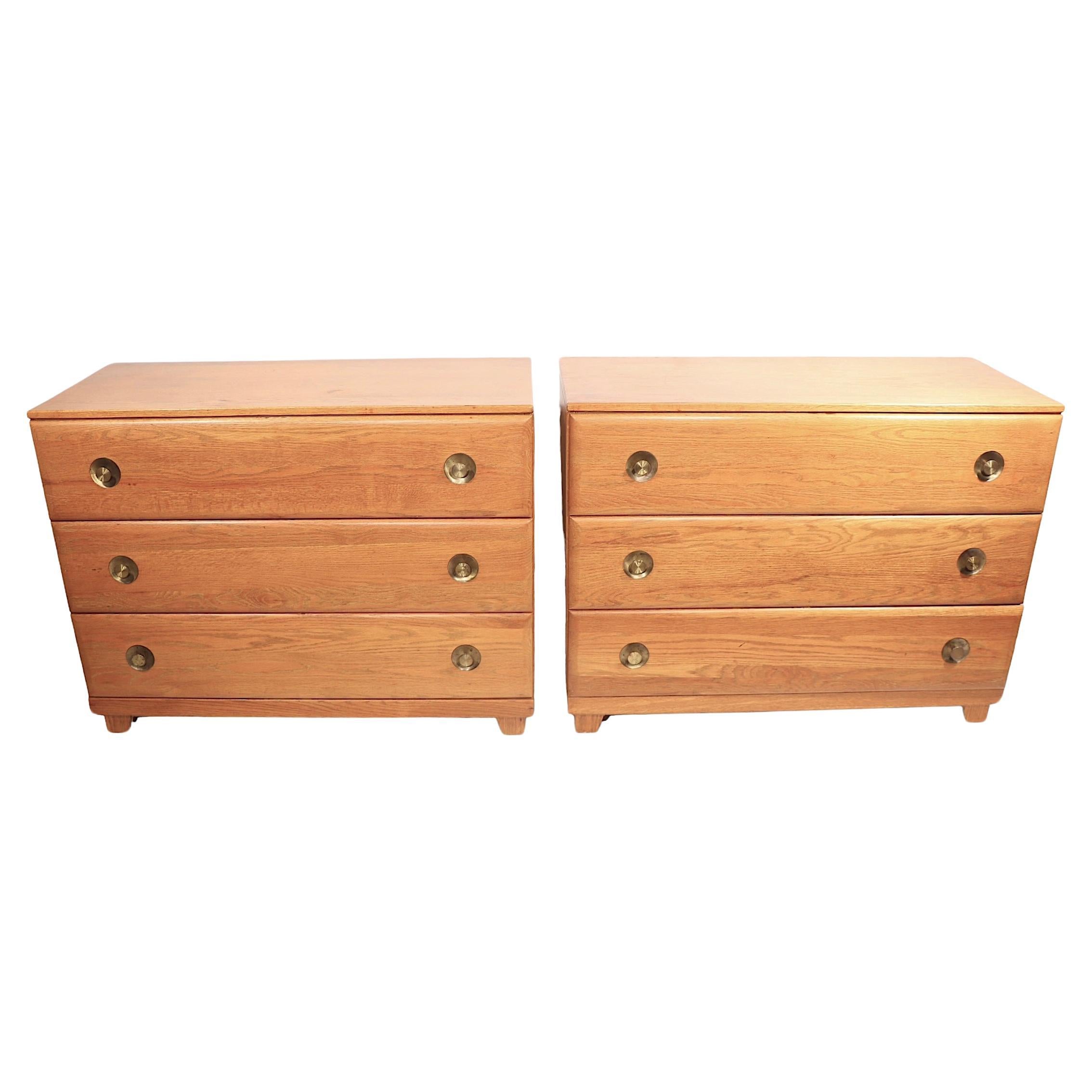 Pr. Mid Century  Bachelors Chests in Cerused Oak with Brass Pulls C 1950's For Sale