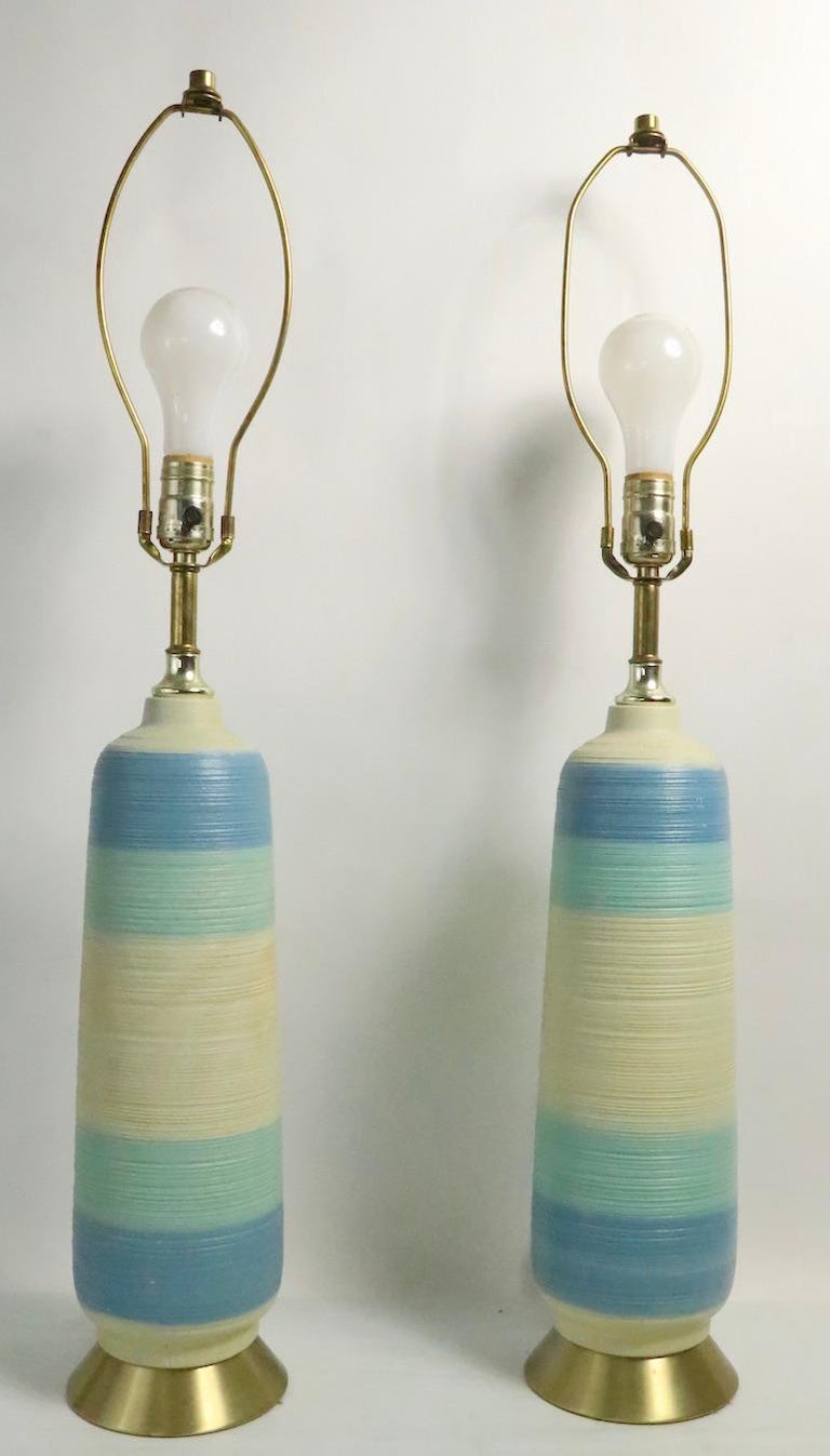 Pair of Mid Century Banded Ceramic Table Lamps For Sale 6