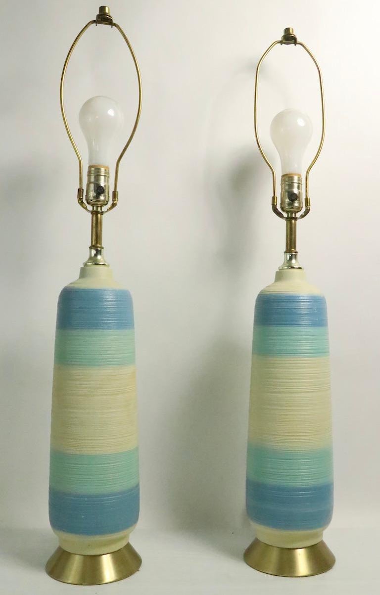 Pair of Mid Century Banded Ceramic Table Lamps For Sale 8