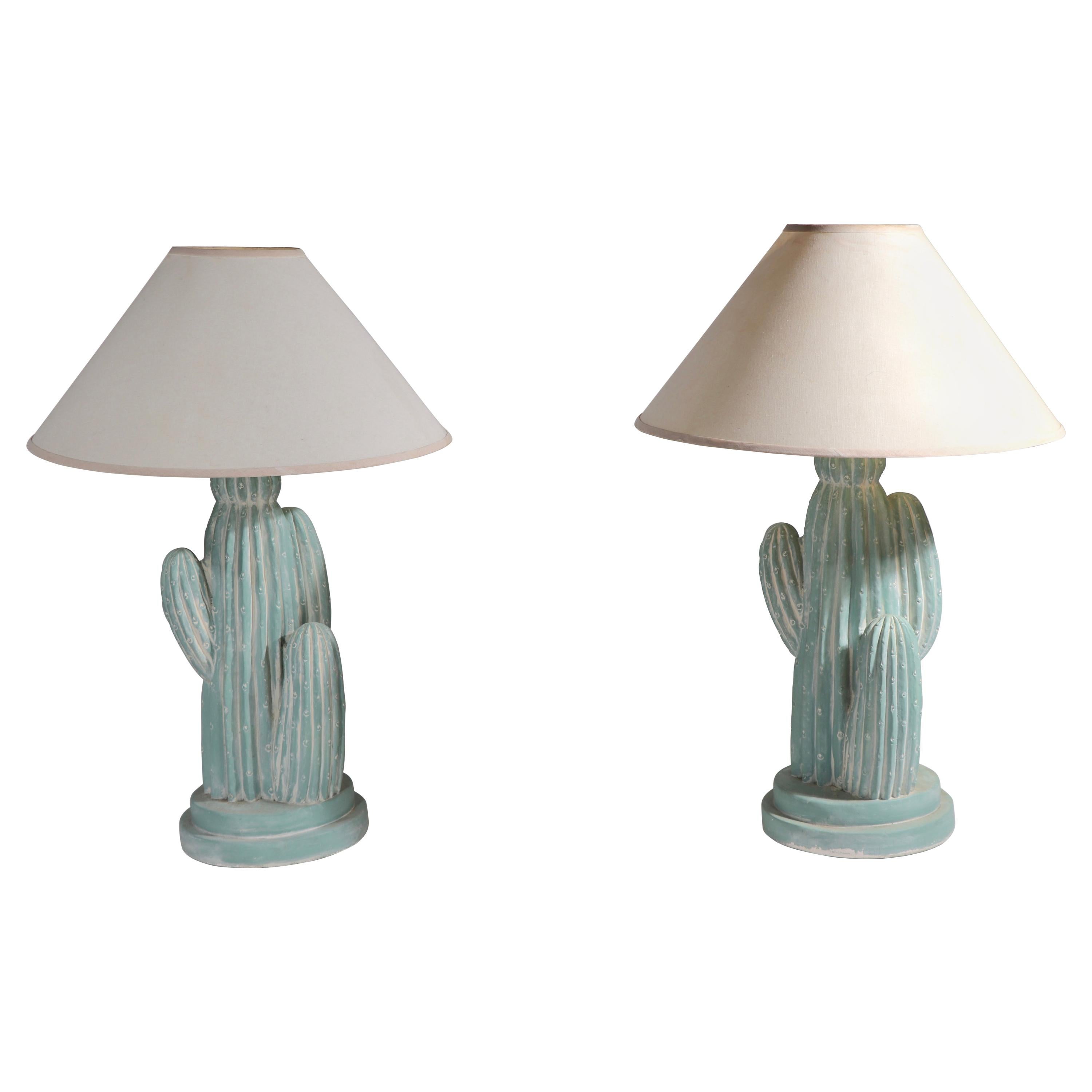Pr. Mid Century Cast Plaster Cactus Table Lamps by Bon Art For Sale