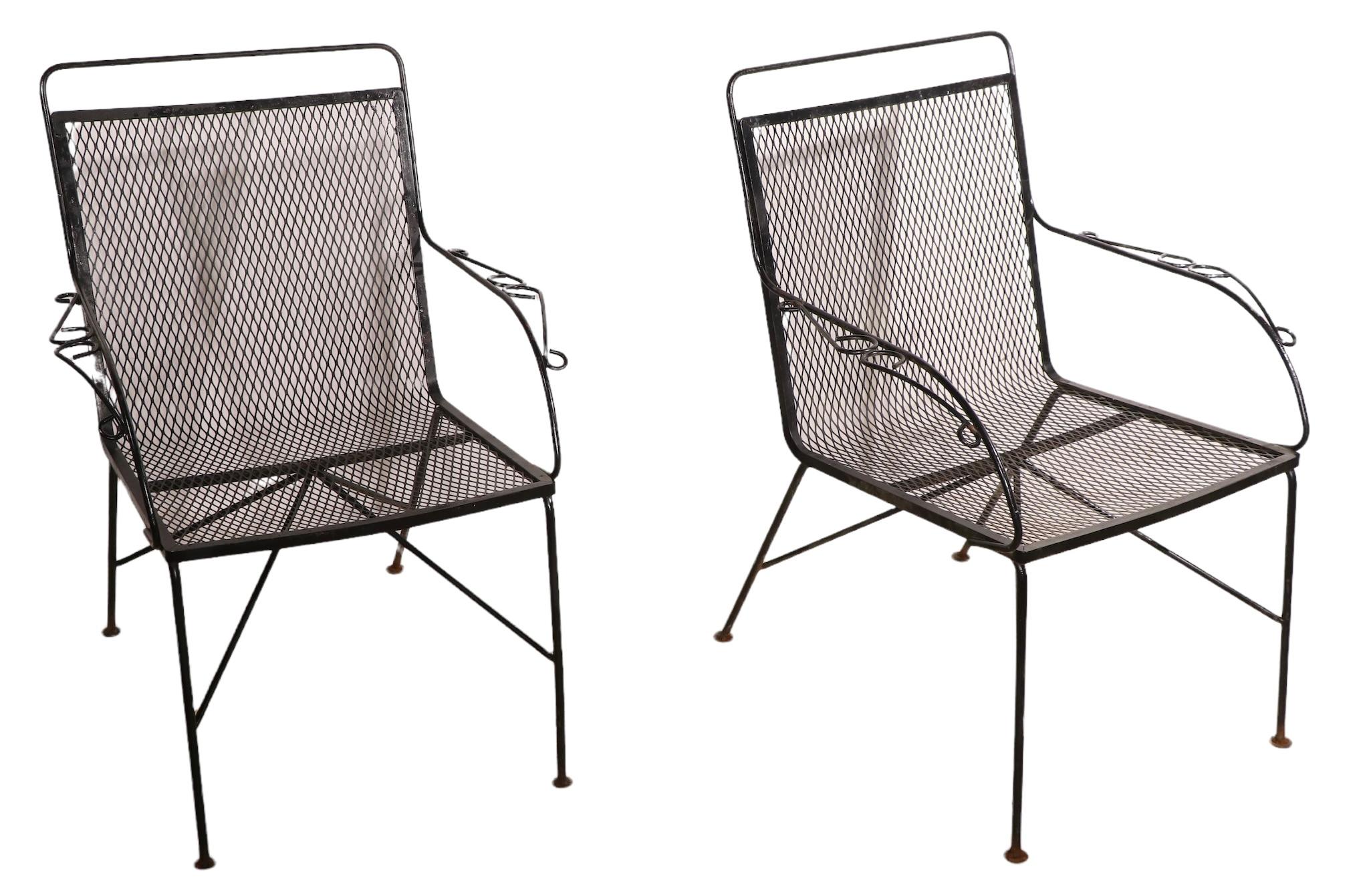 Mid-Century Modern Pr. Mid Century Garden Patio Poolside  Wrought Iron Dining Lounge Arm Chairs For Sale