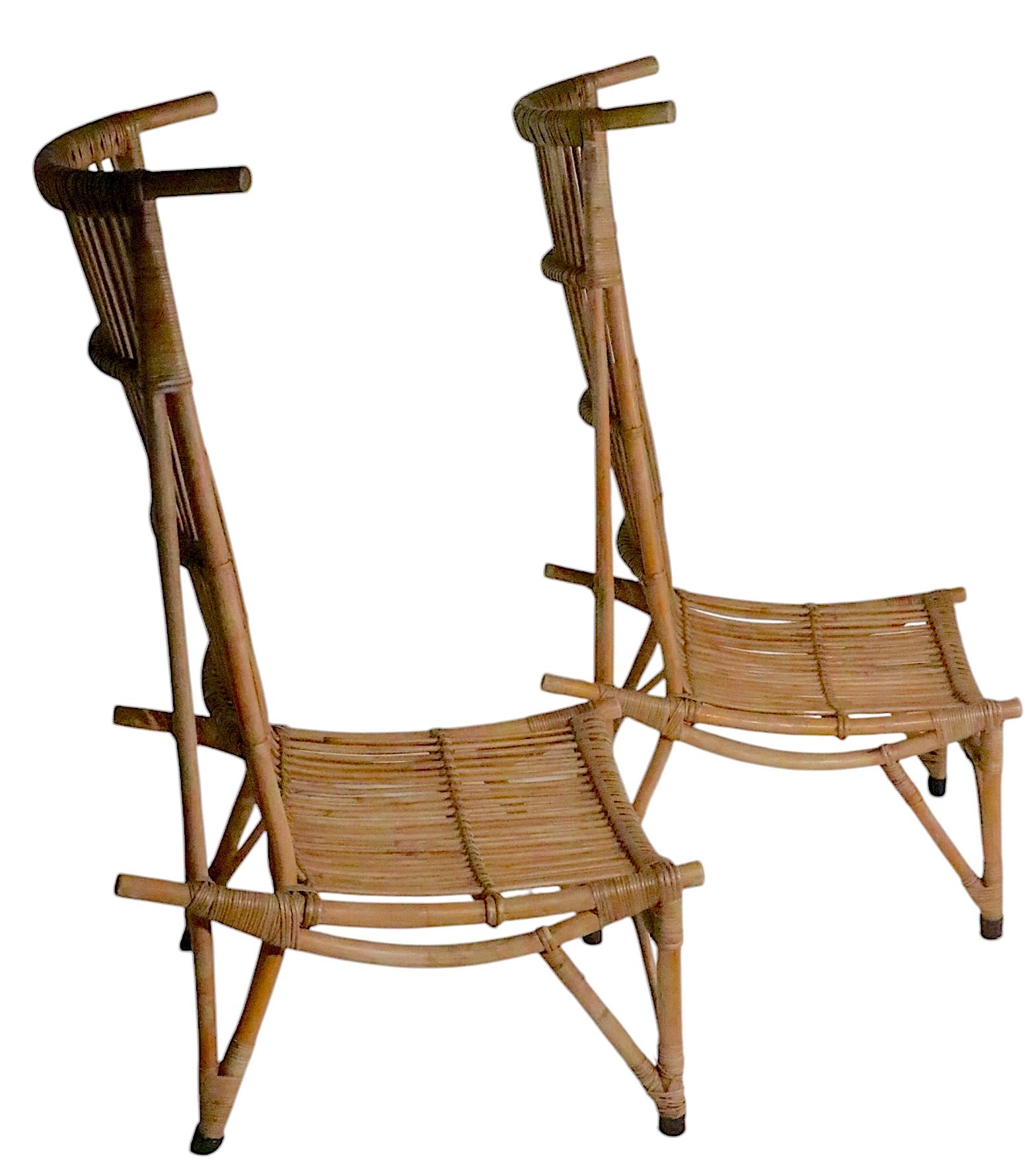 Pr. Mid Century High Back Bamboo Lounge  Chairs after Audoux Minnet c. 1960's For Sale 5