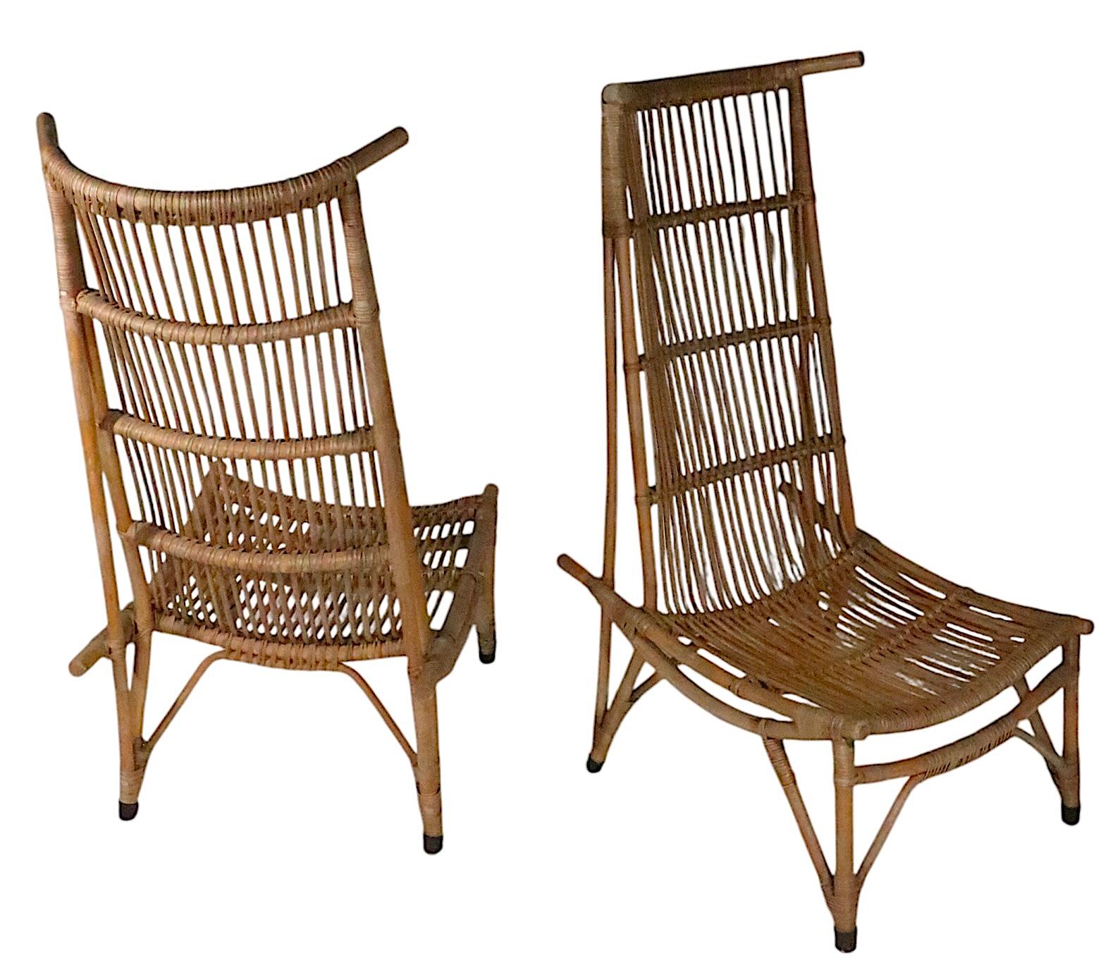 Pr. Mid Century High Back Bamboo Lounge  Chairs after Audoux Minnet c. 1960's For Sale 1