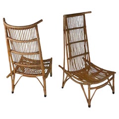 Pr. Mid Century High Back Bamboo Lounge  Chairs after Audoux Minnet c. 1960's