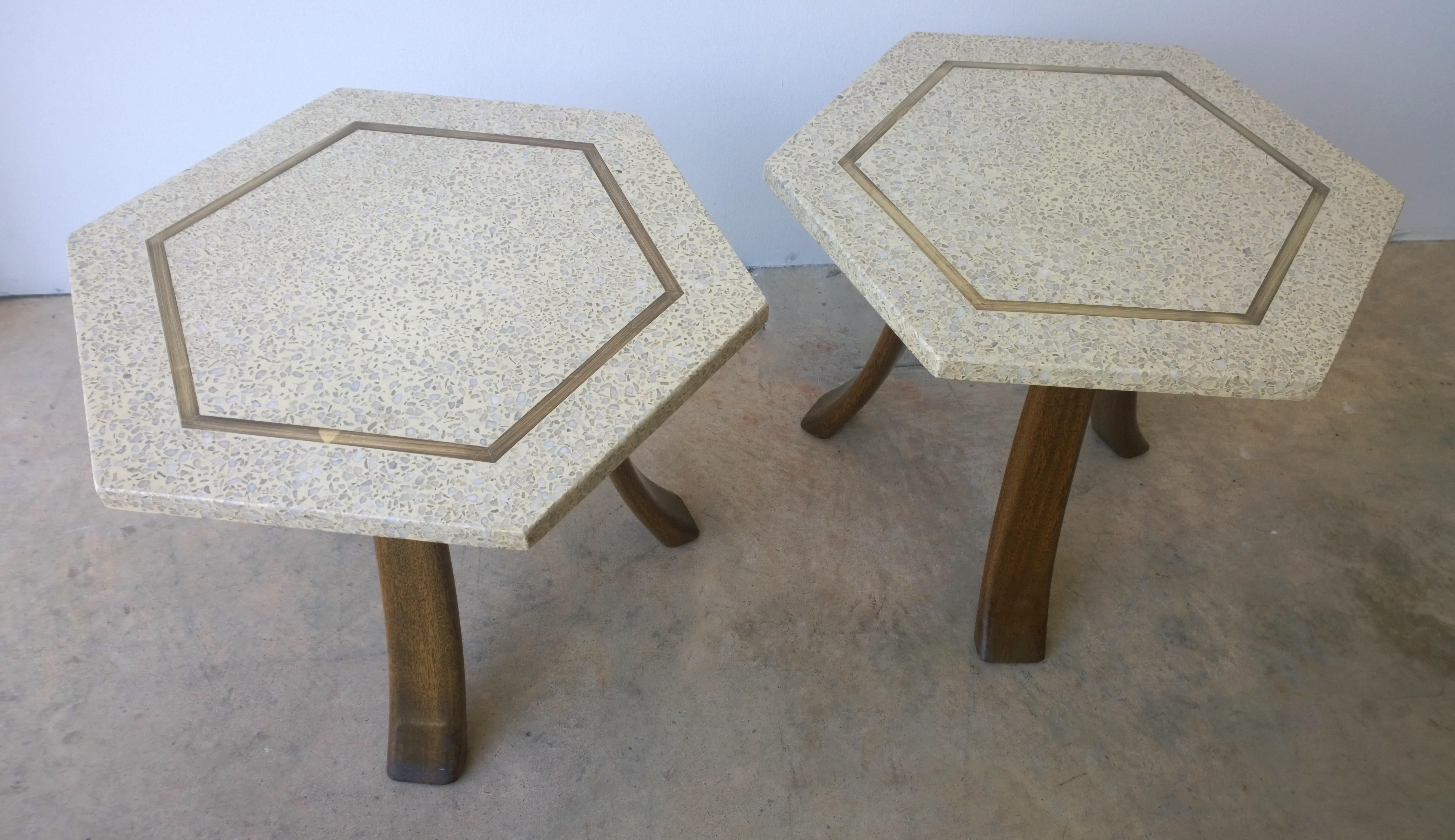 Pair of Probber Blue, White, Brown and Gold Terrazzo Mahogany Tripod Side Tables For Sale 1
