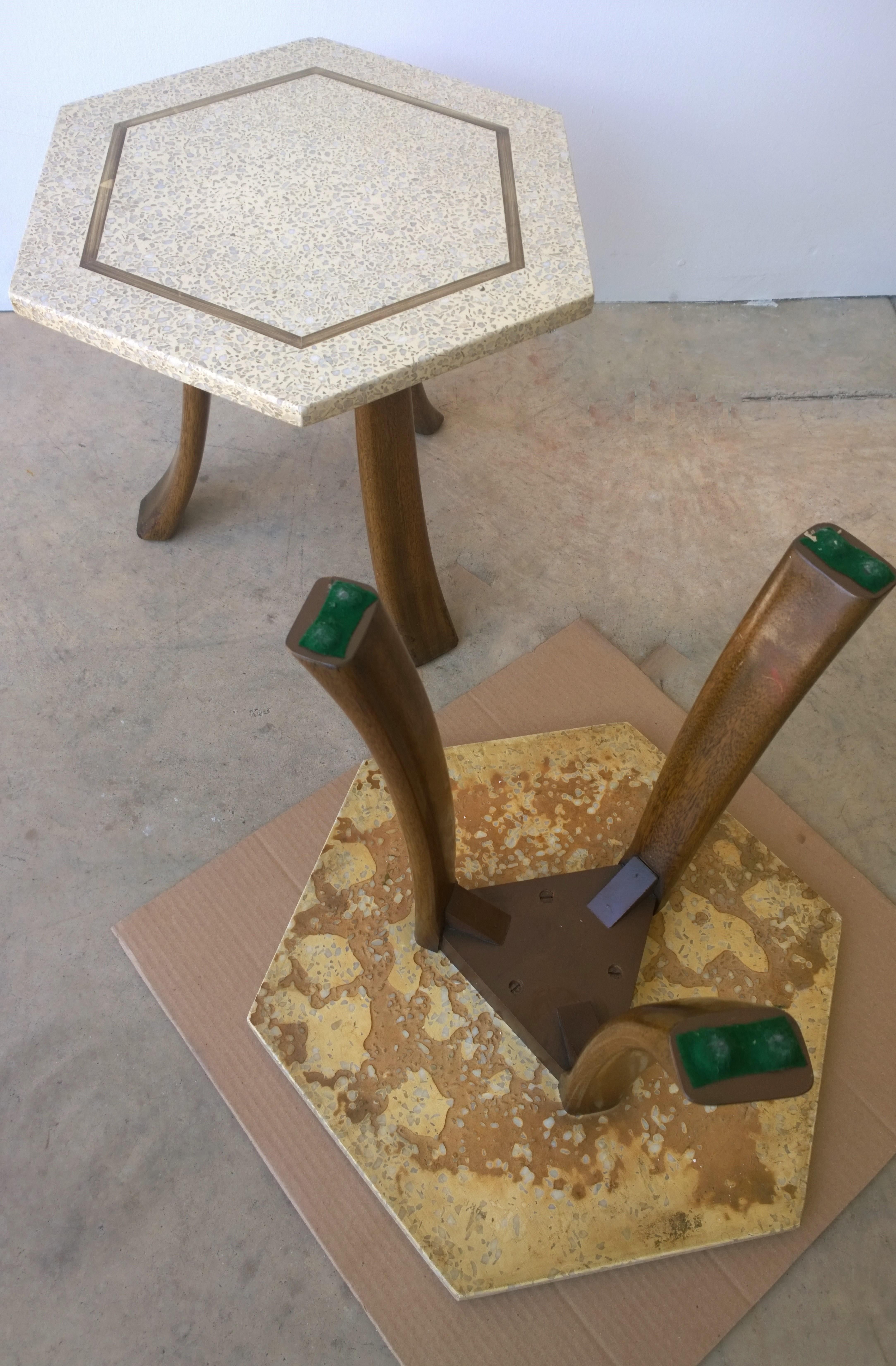 Pair of Probber Blue, White, Brown and Gold Terrazzo Mahogany Tripod Side Tables For Sale 10