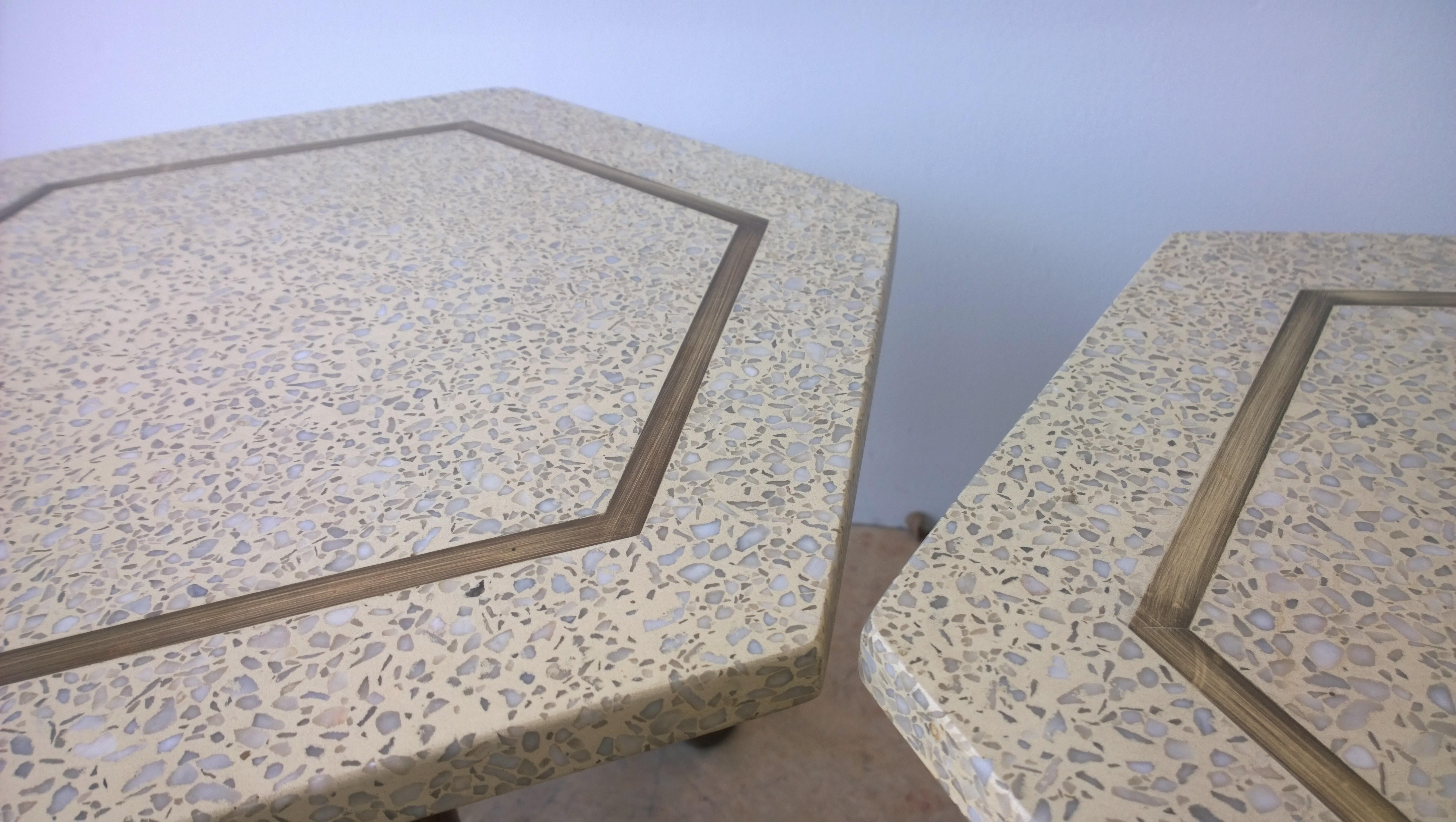 Pair of Probber Blue, White, Brown and Gold Terrazzo Mahogany Tripod Side Tables For Sale 11