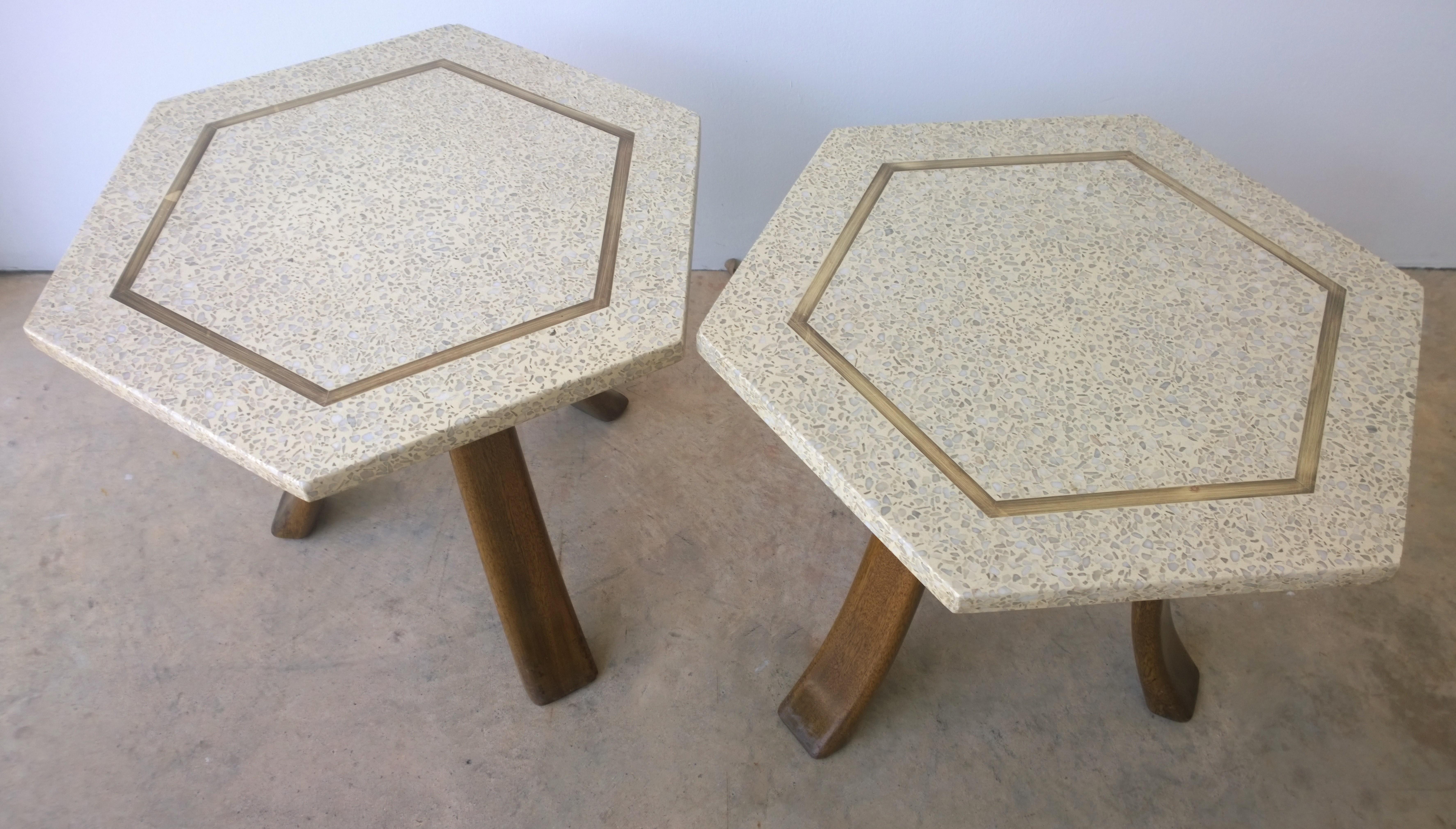 Pair of Probber Blue, White, Brown and Gold Terrazzo Mahogany Tripod Side Tables In Good Condition For Sale In Houston, TX