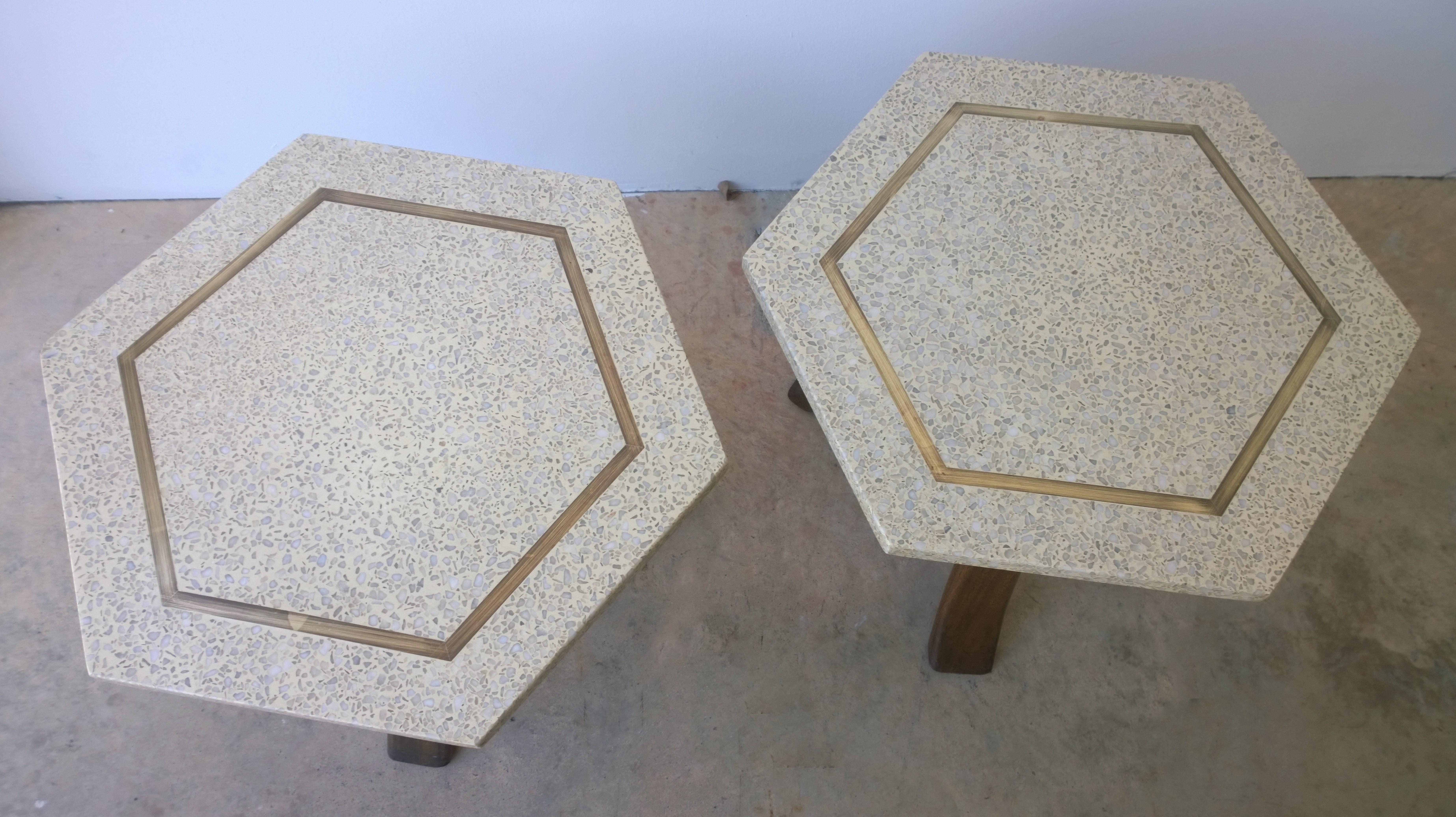 American Pair of Probber Blue, White, Brown and Gold Terrazzo Mahogany Tripod Side Tables For Sale