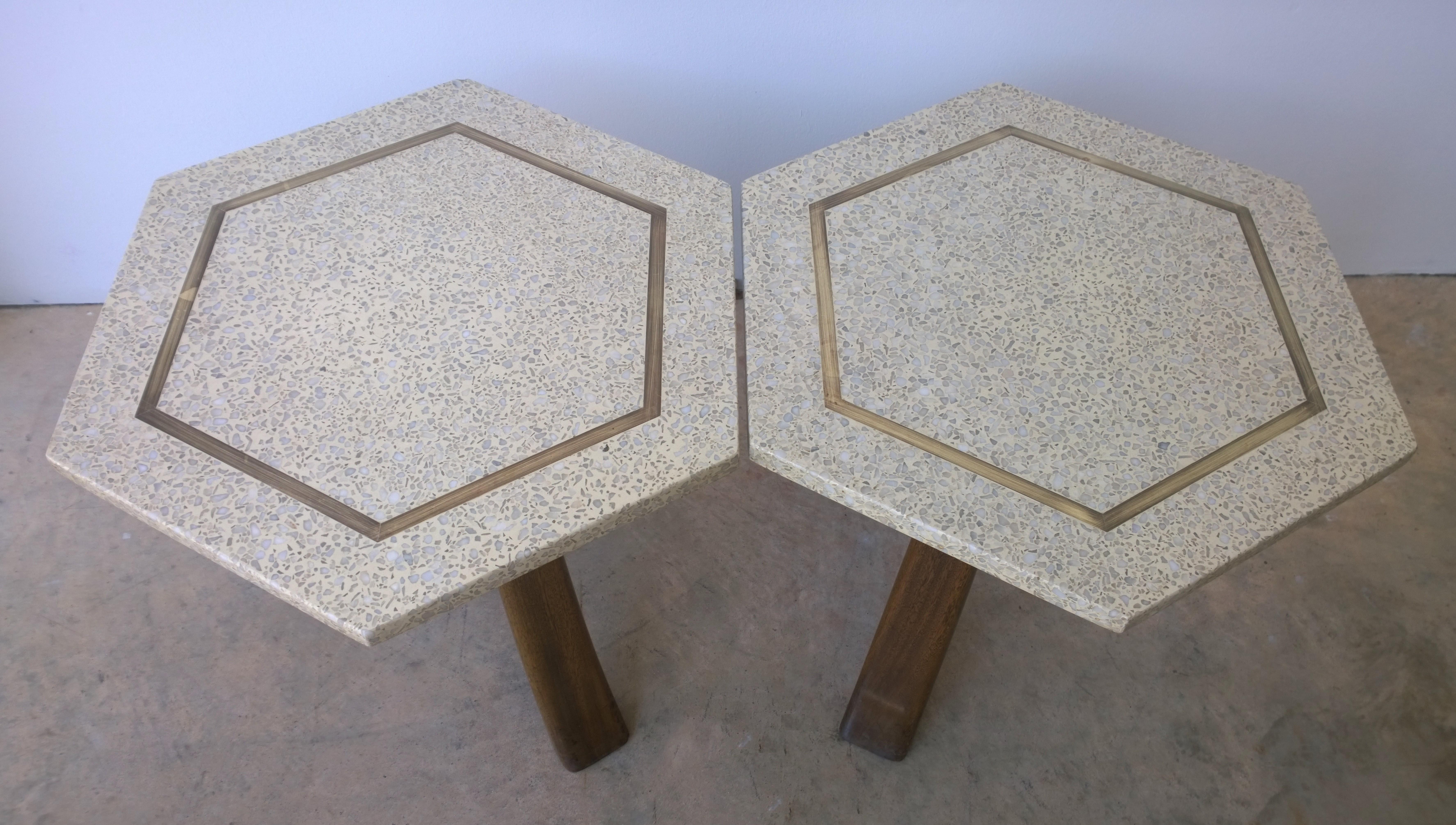 Mid-Century Modern Pair of Probber Blue, White, Brown and Gold Terrazzo Mahogany Tripod Side Tables For Sale