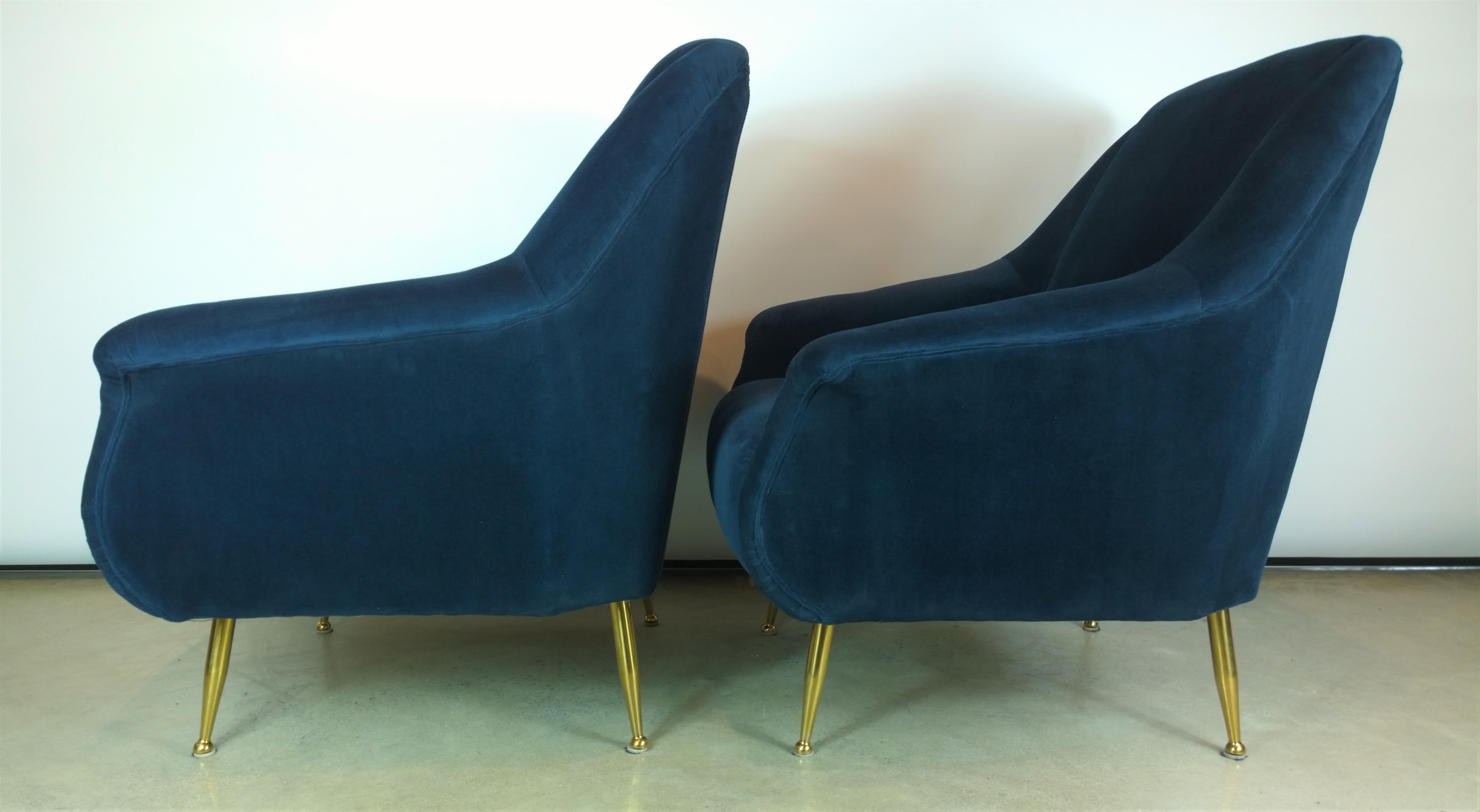 20th Century Pair of Zanuso Style Navy Blue Velvet and Brass Legs Lounge or Armchairs