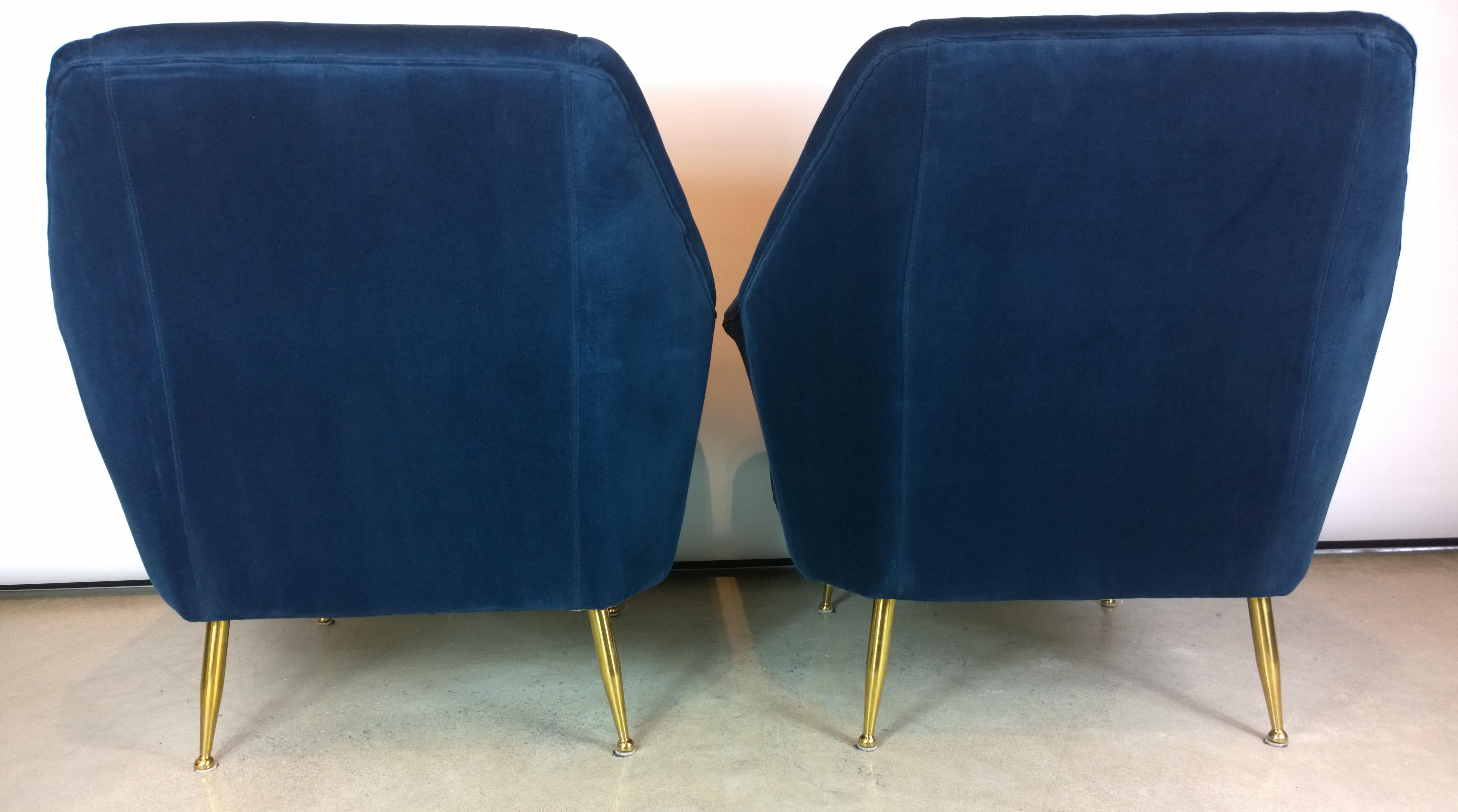 Pair of Zanuso Style Navy Blue Velvet and Brass Legs Lounge or Armchairs 1