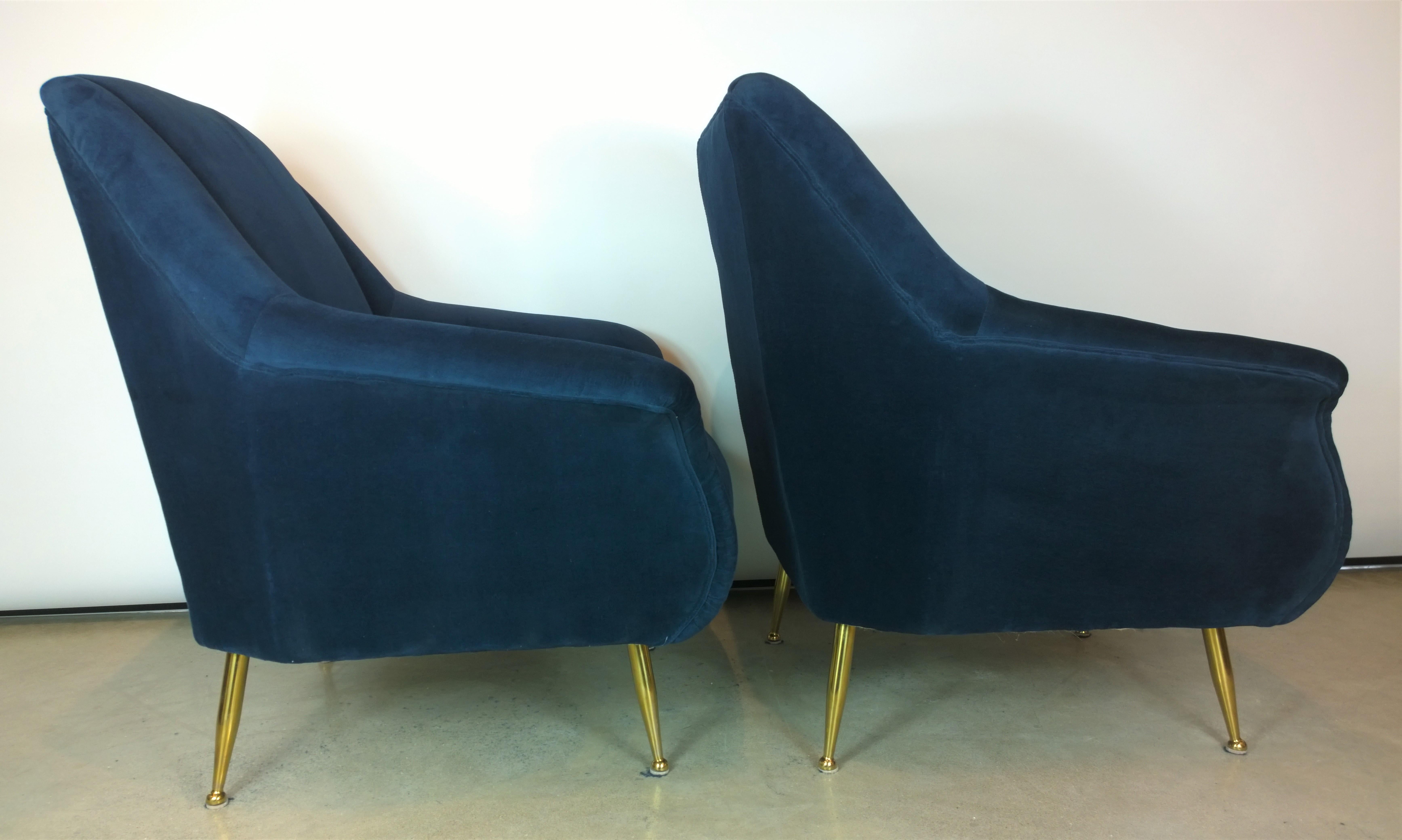 Pair of Zanuso Style Navy Blue Velvet and Brass Legs Lounge or Armchairs 2