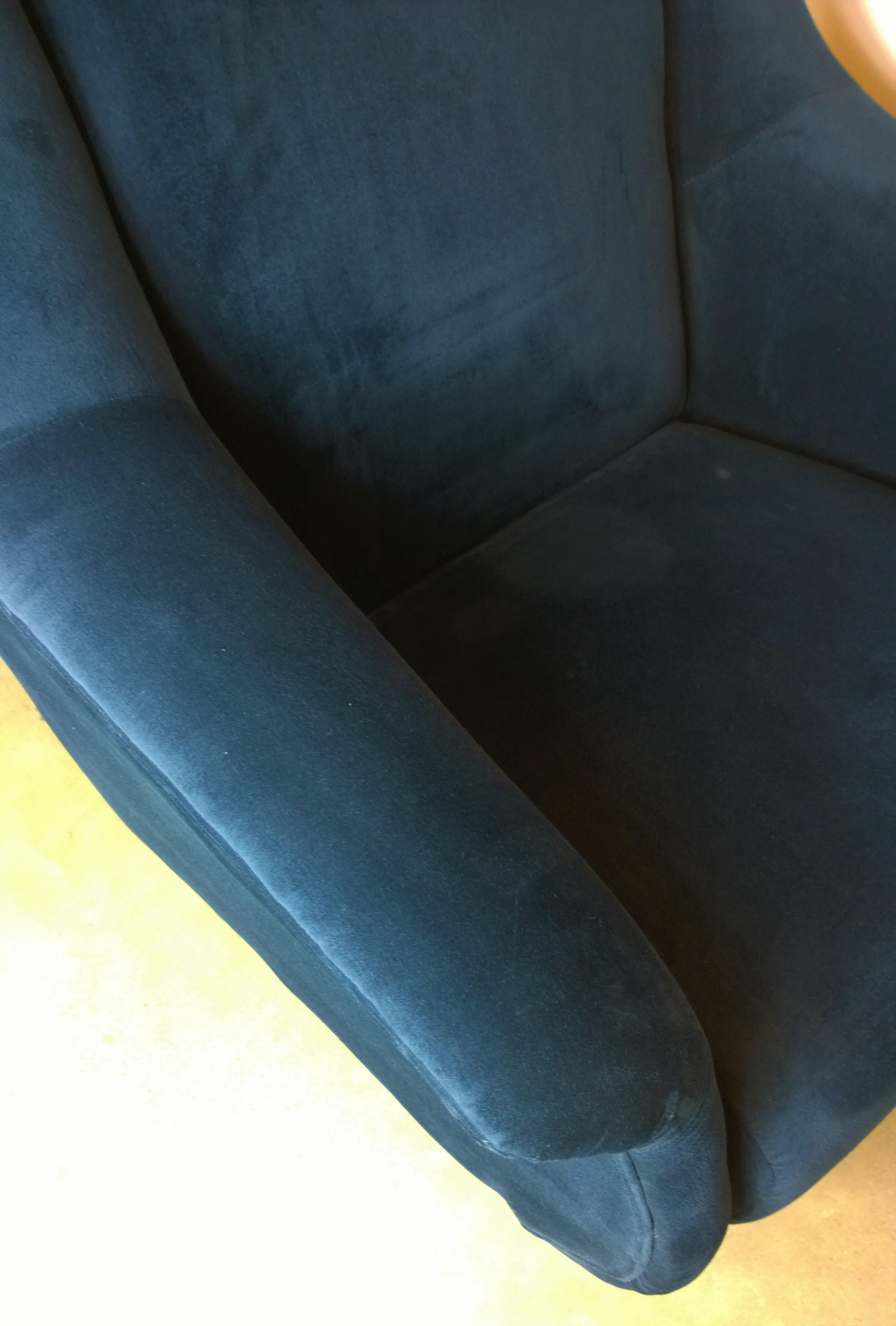 Pair of Zanuso Style Navy Blue Velvet and Brass Legs Lounge or Armchairs 3
