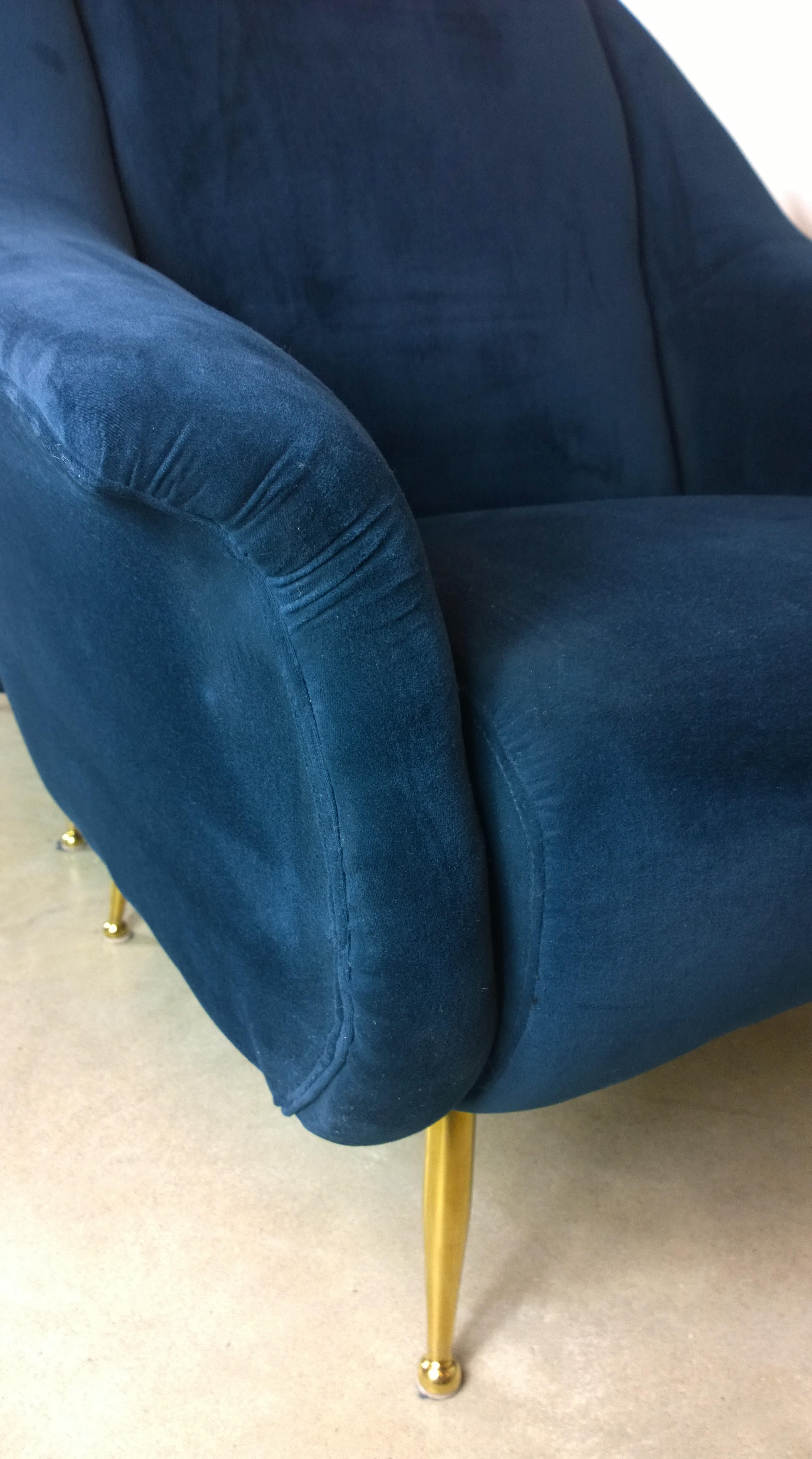 Pair of Zanuso Style Navy Blue Velvet and Brass Legs Lounge or Armchairs 5
