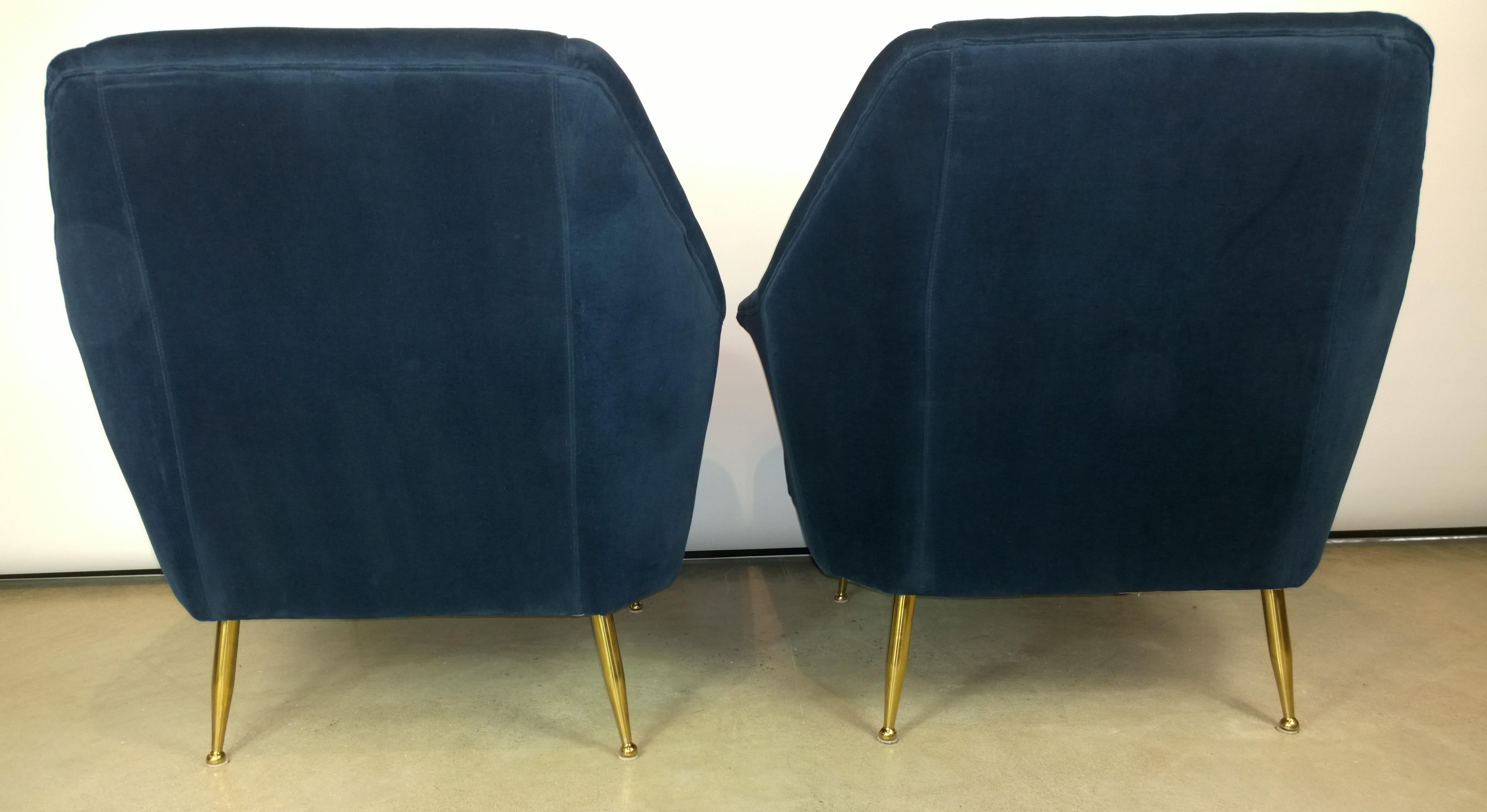 Mid-Century Modern Pair of Zanuso Style Navy Blue Velvet and Brass Legs Lounge or Armchairs
