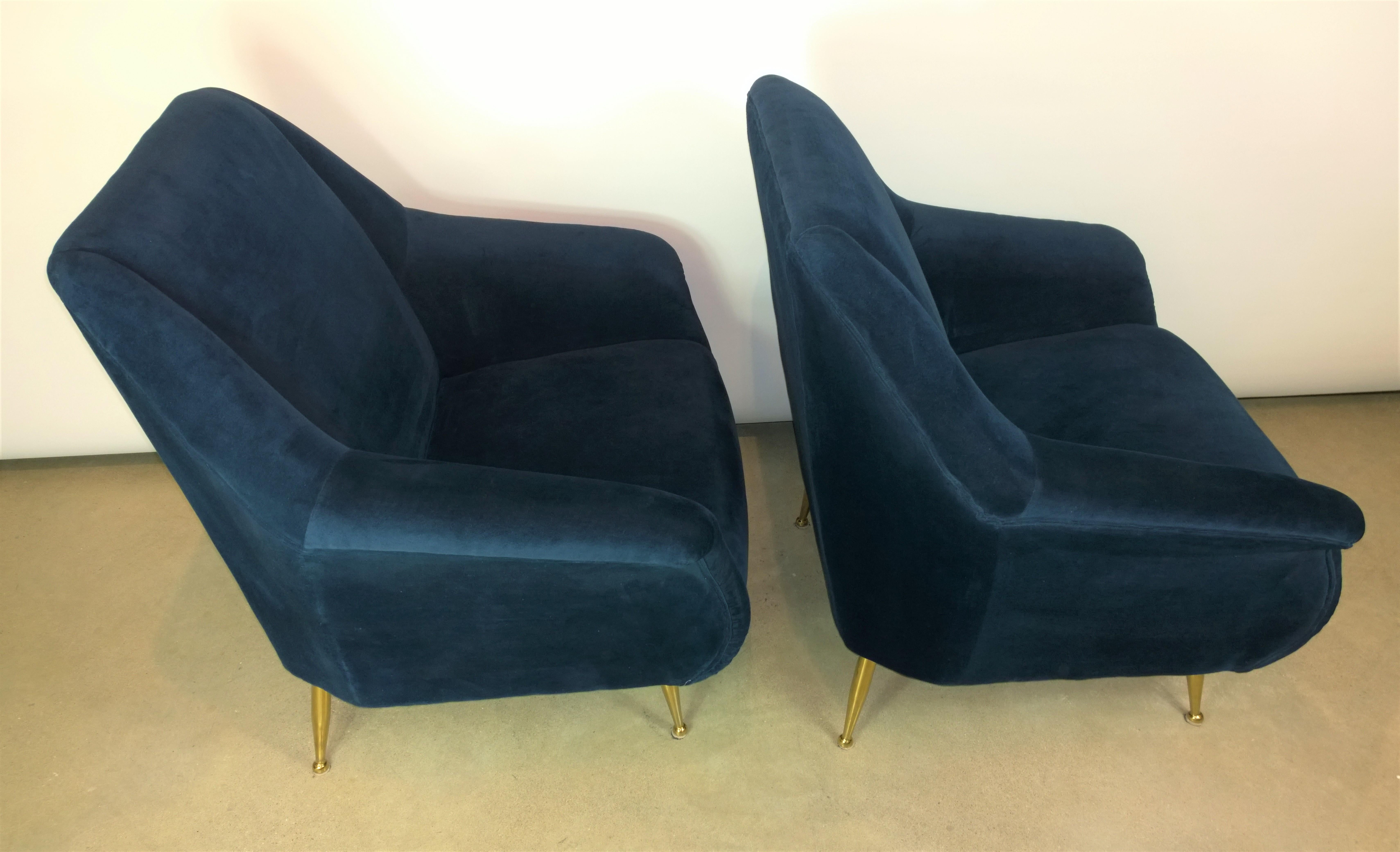 Italian Pair of Zanuso Style Navy Blue Velvet and Brass Legs Lounge or Armchairs
