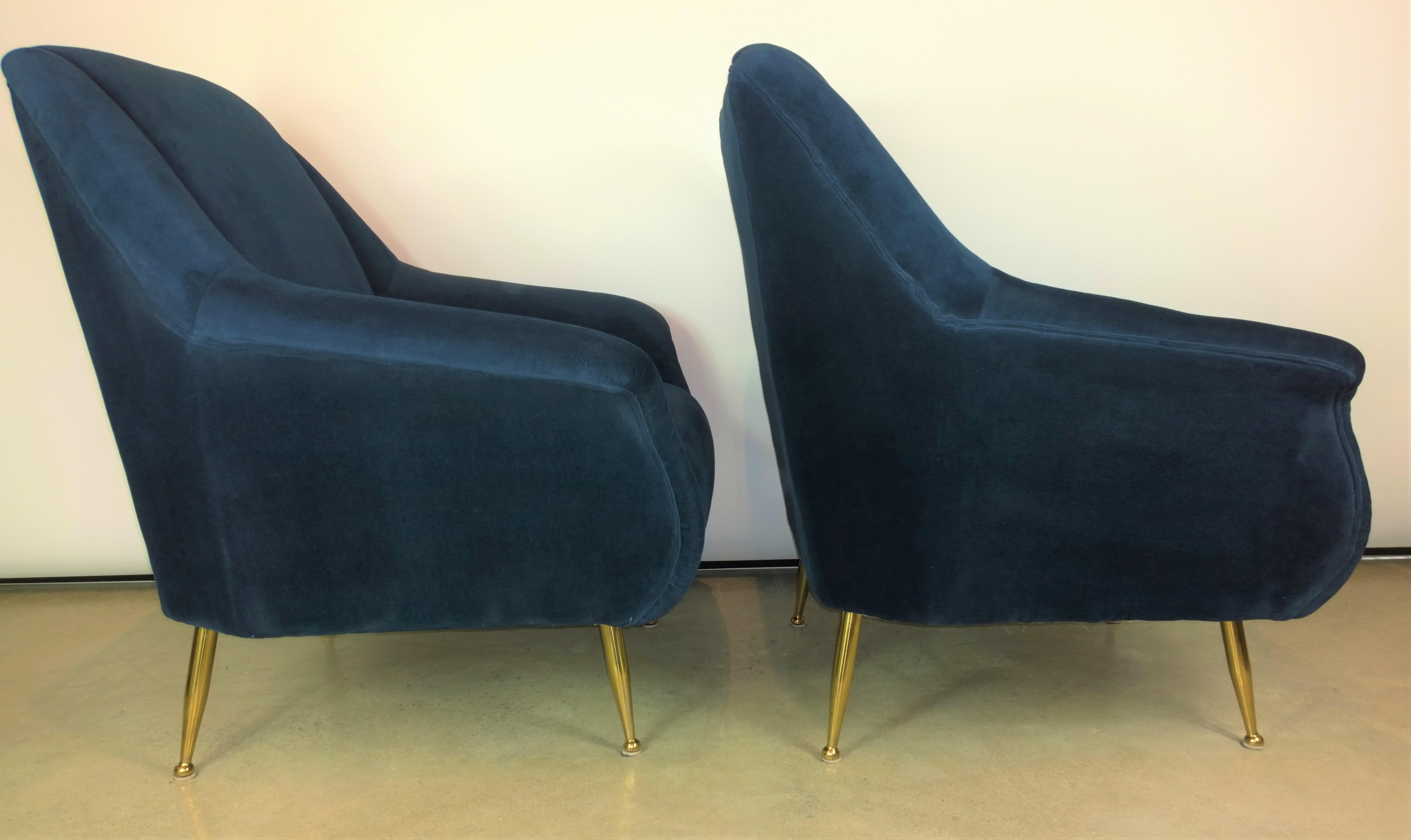 Pair of Zanuso Style Navy Blue Velvet and Brass Legs Lounge or Armchairs In Good Condition In Houston, TX
