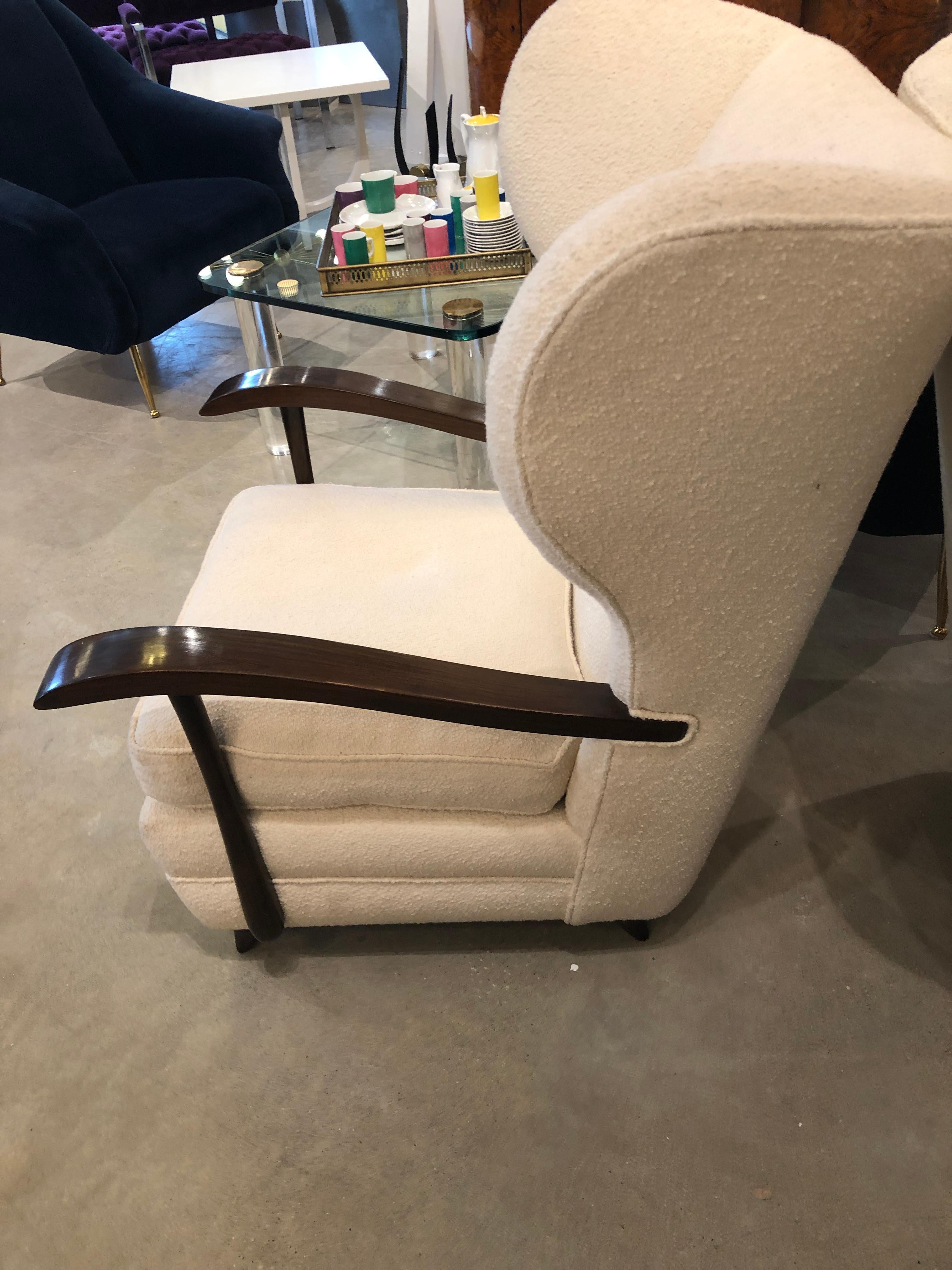 Pair of Paola Buffa Mahogany Frame and White Wool Boucle Arm or Lounge Chairs For Sale 9