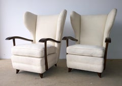 Pair of Paola Buffa Mahogany Frame and White Wool Boucle Arm or Lounge Chairs