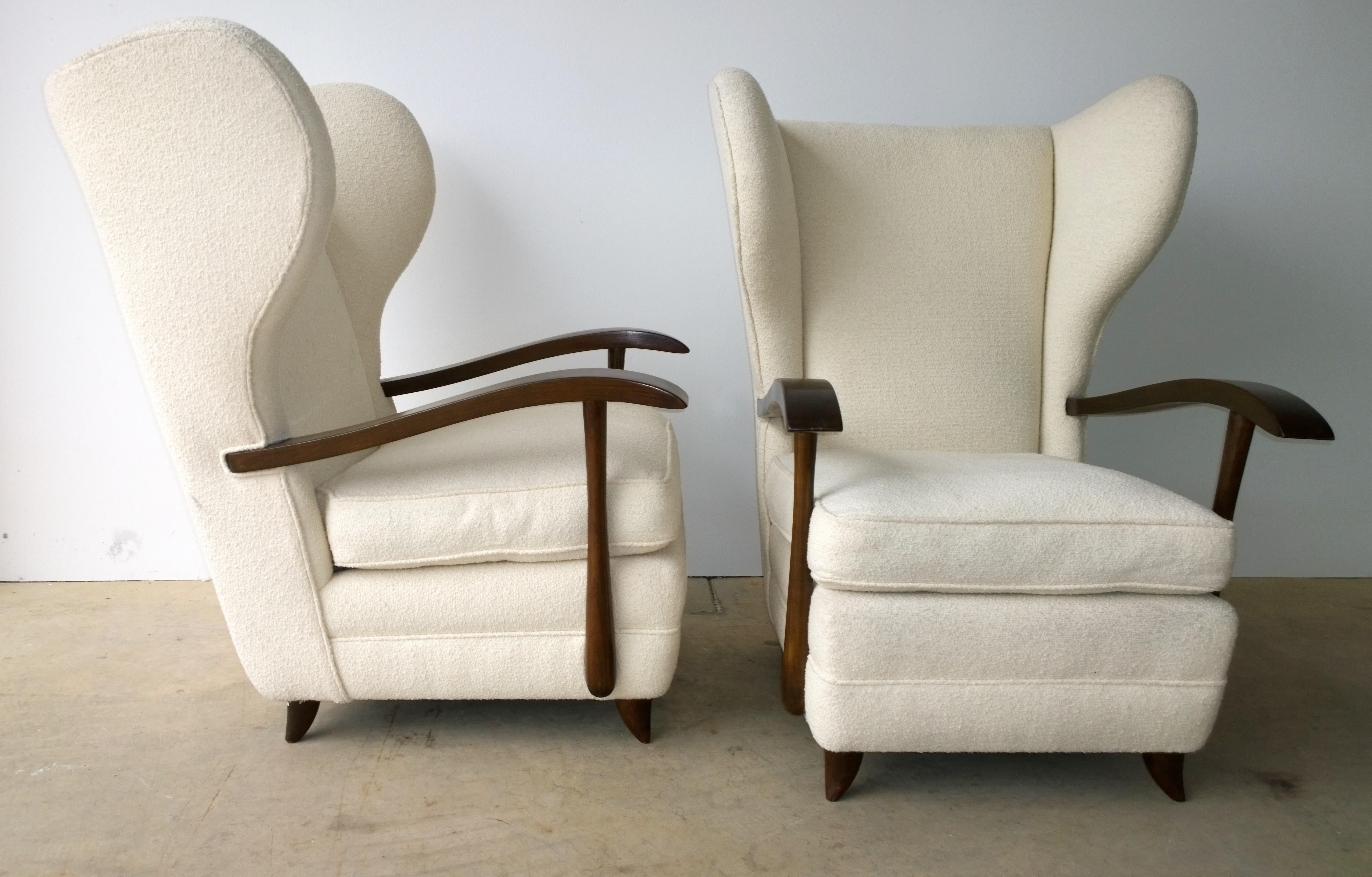 Italian Pair of Paola Buffa Mahogany Frame and White Wool Boucle Arm or Lounge Chairs For Sale