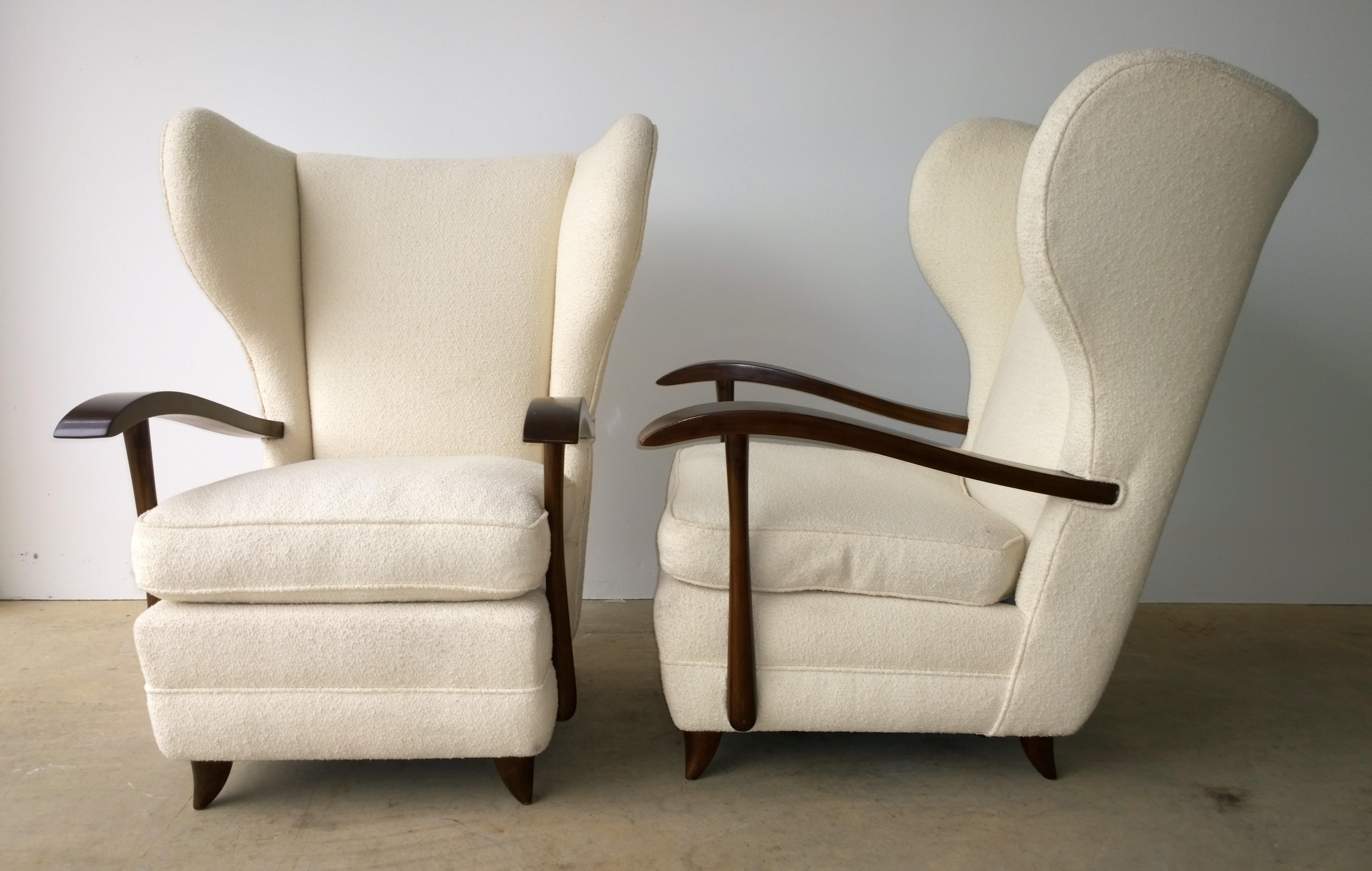 Fabric Pair of Paola Buffa Mahogany Frame and White Wool Boucle Arm or Lounge Chairs For Sale