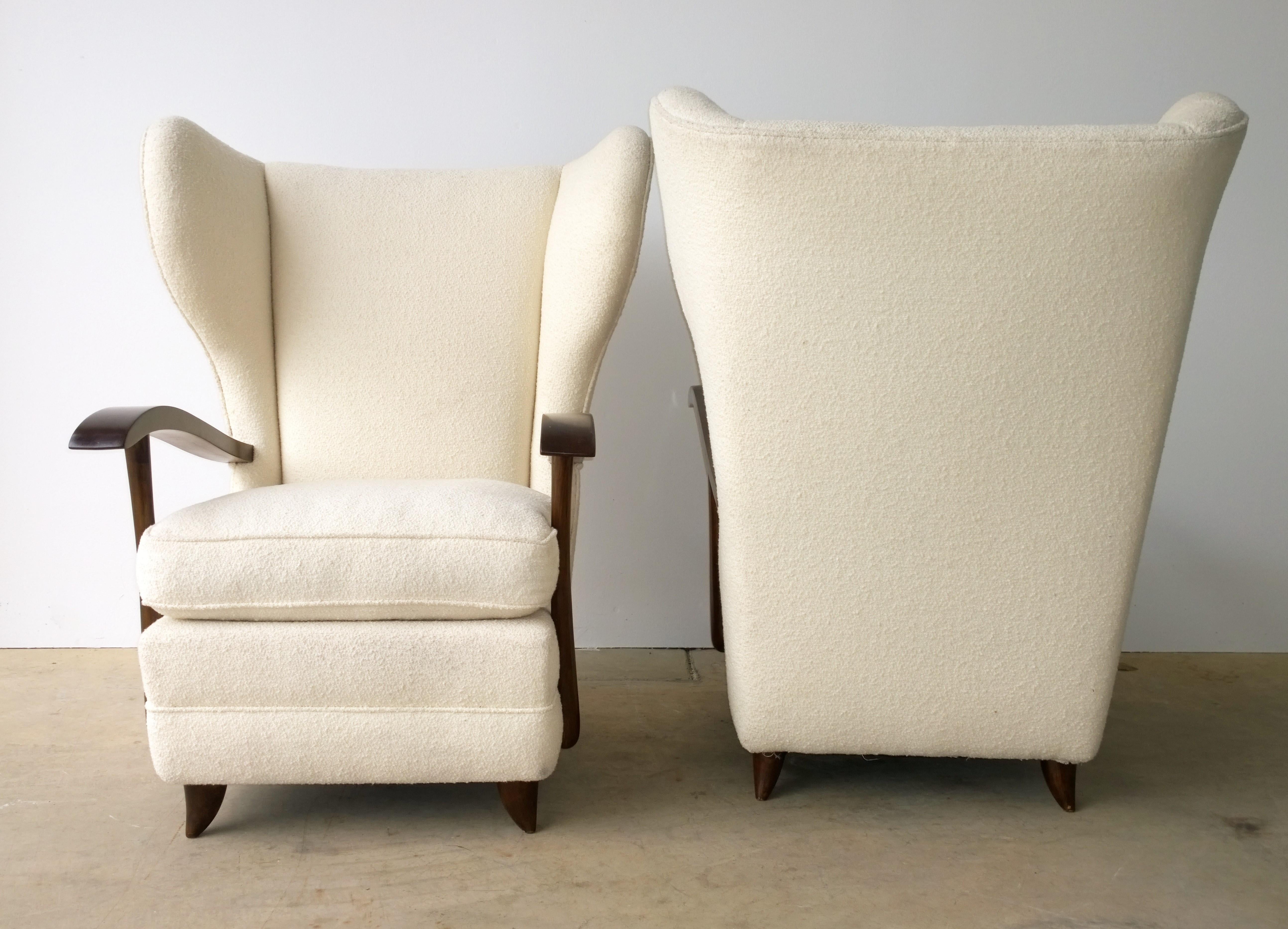 Pair of Paola Buffa Mahogany Frame and White Wool Boucle Arm or Lounge Chairs For Sale 1
