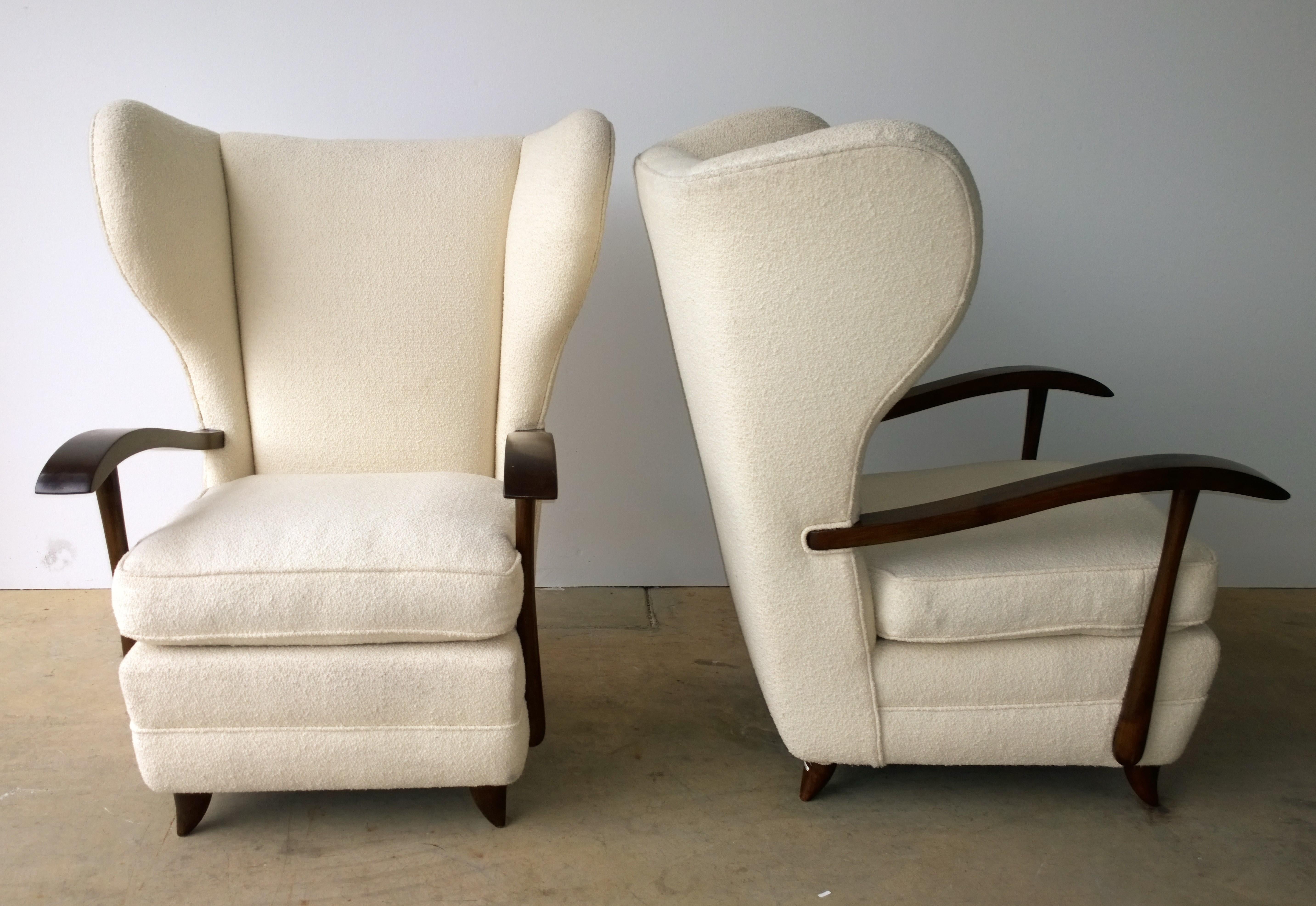 Pair of Paola Buffa Mahogany Frame and White Wool Boucle Arm or Lounge Chairs For Sale 2