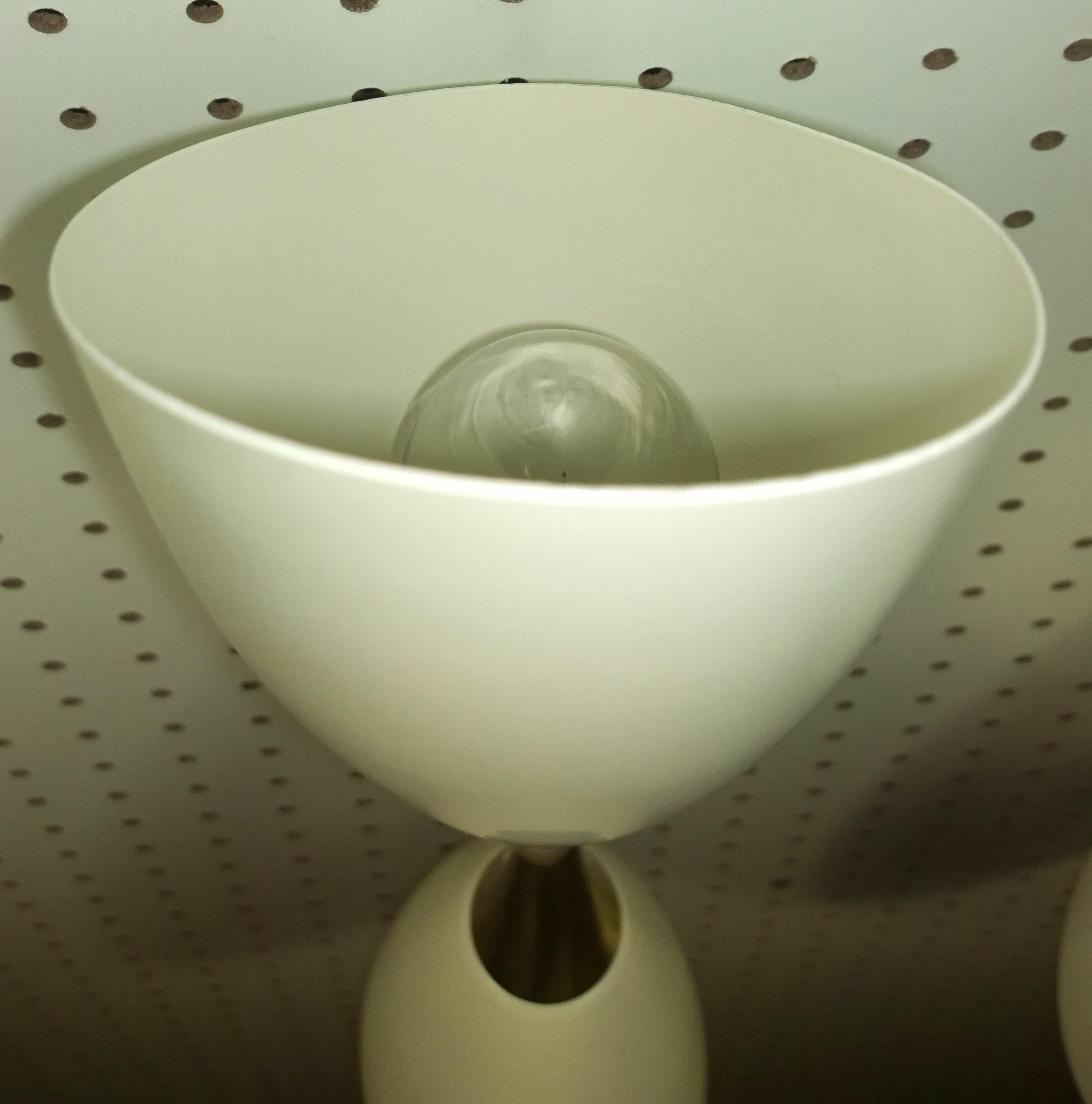Pr Stilnovo Style White Enameled Aluminium Double Cone w/ Brass Accents Sconces For Sale 3