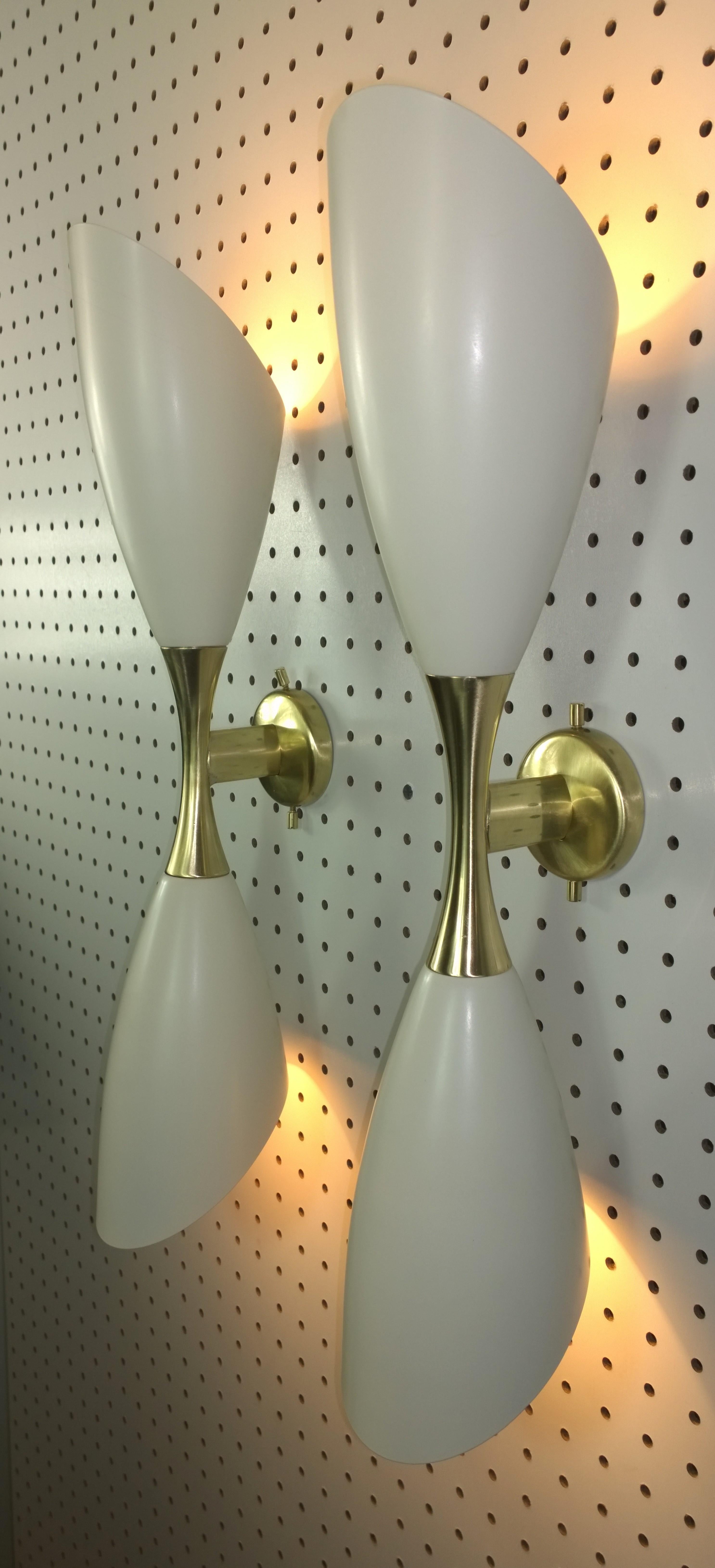 Mid-Century Modern Pr Stilnovo Style White Enameled Aluminium Double Cone w/ Brass Accents Sconces For Sale