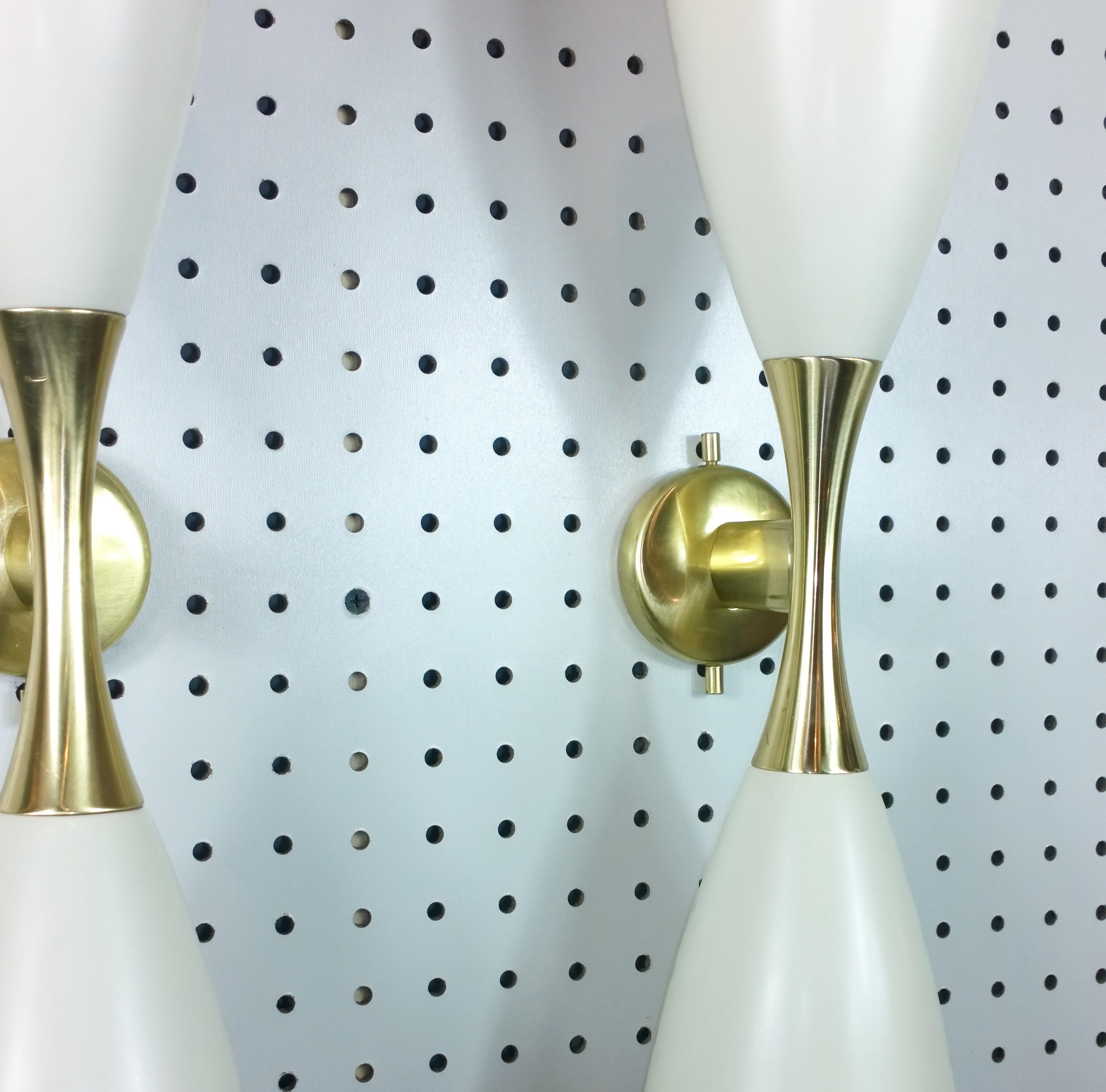 Italian Pr Stilnovo Style White Enameled Aluminium Double Cone w/ Brass Accents Sconces For Sale