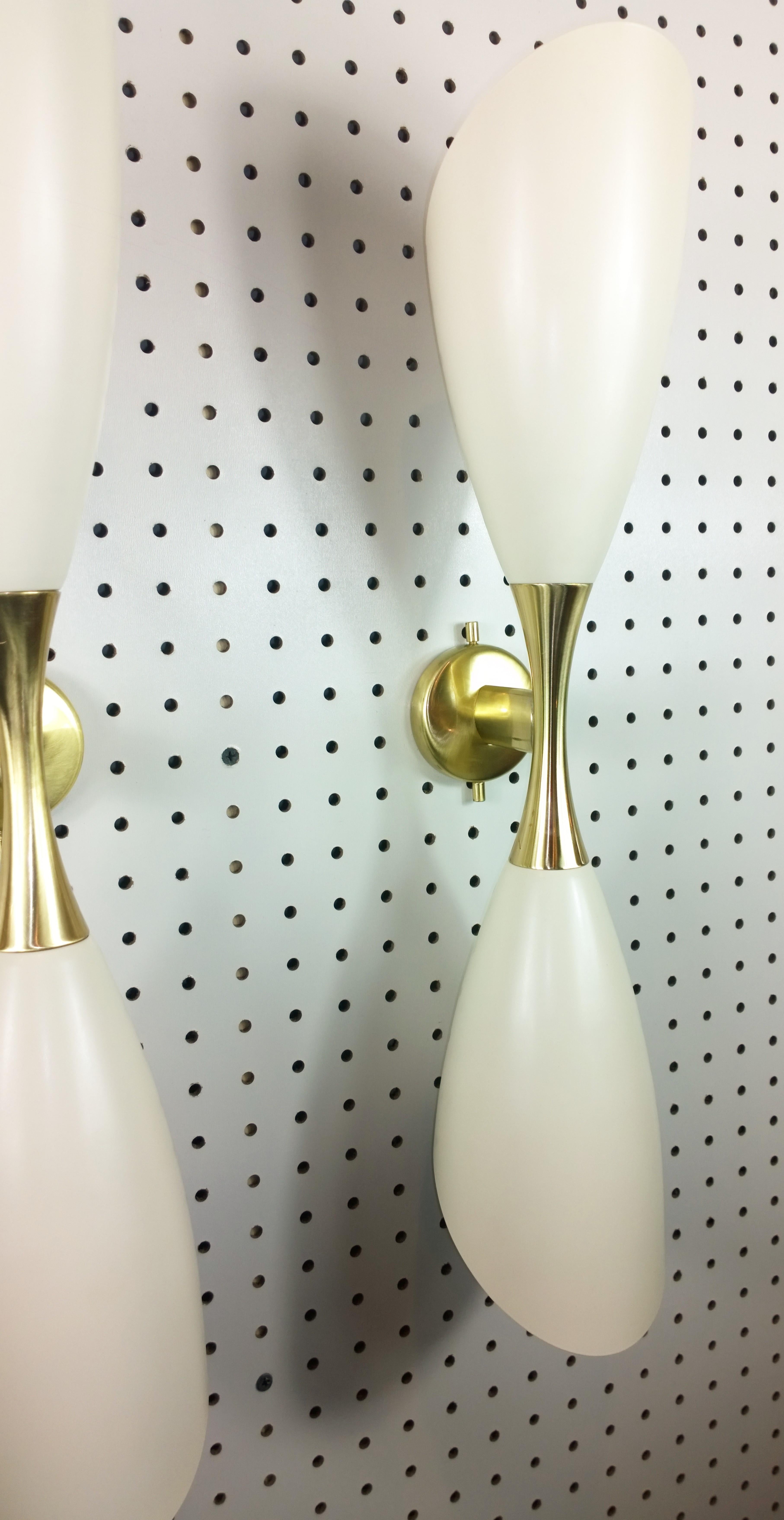 20th Century Pr Stilnovo Style White Enameled Aluminium Double Cone w/ Brass Accents Sconces For Sale