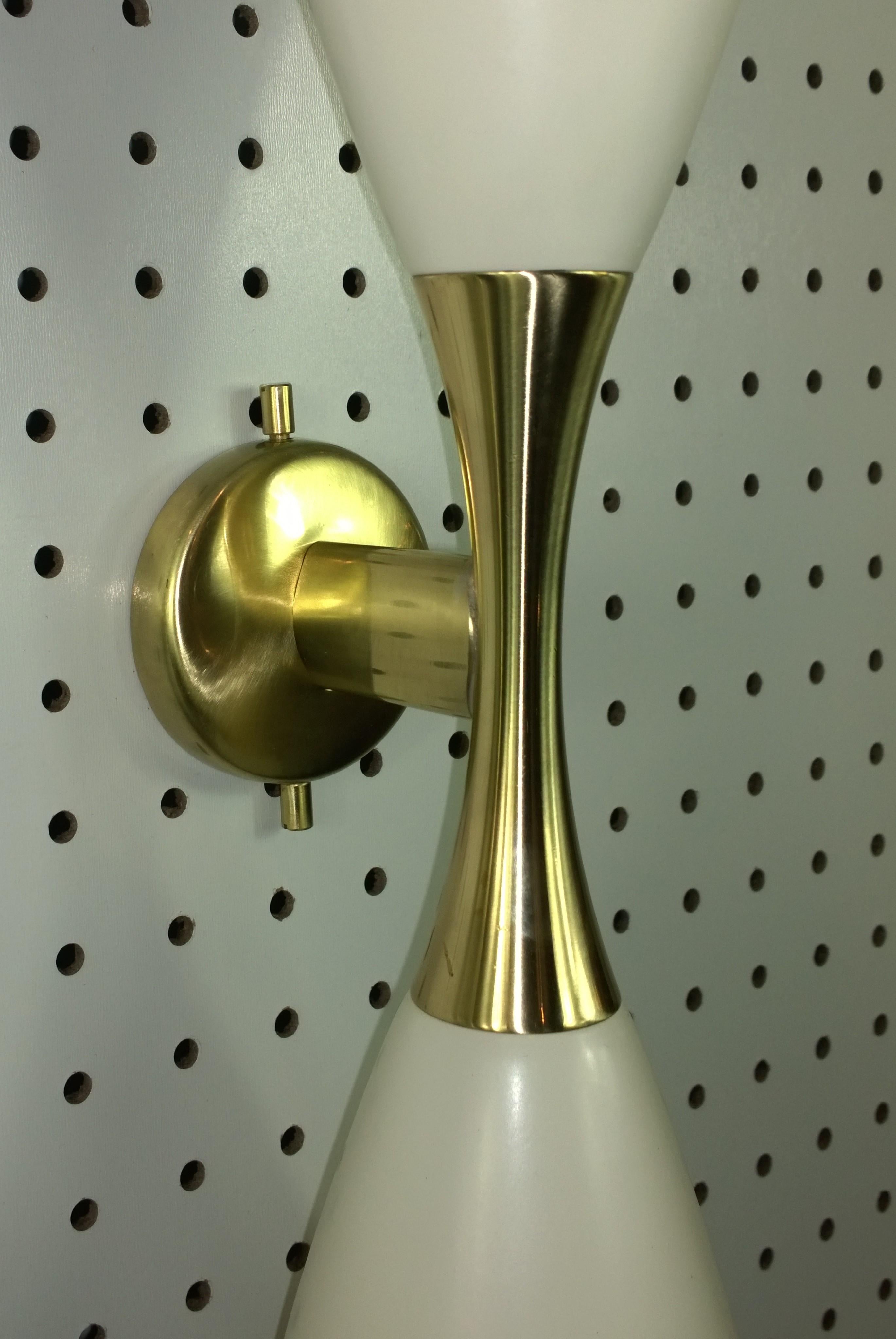 Aluminum Pr Stilnovo Style White Enameled Aluminium Double Cone w/ Brass Accents Sconces For Sale