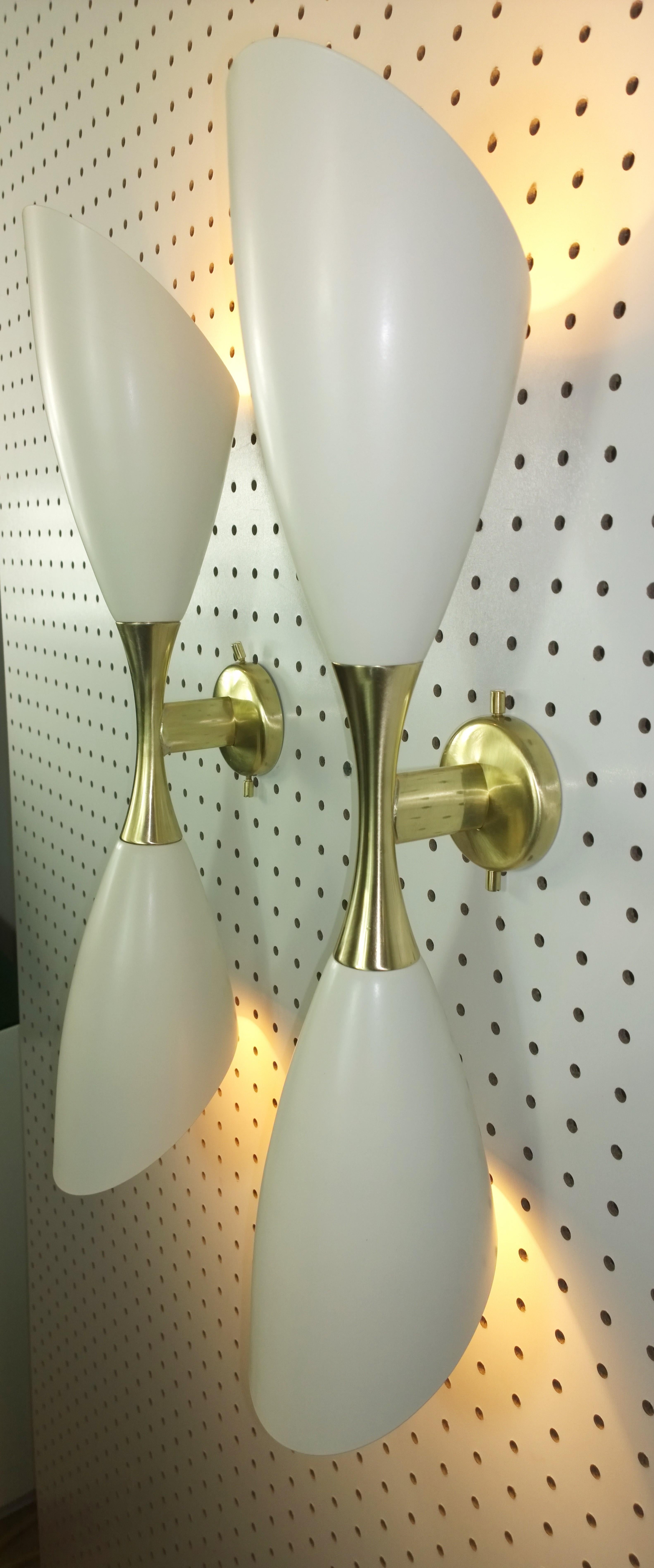 Pr Stilnovo Style White Enameled Aluminium Double Cone w/ Brass Accents Sconces For Sale 1