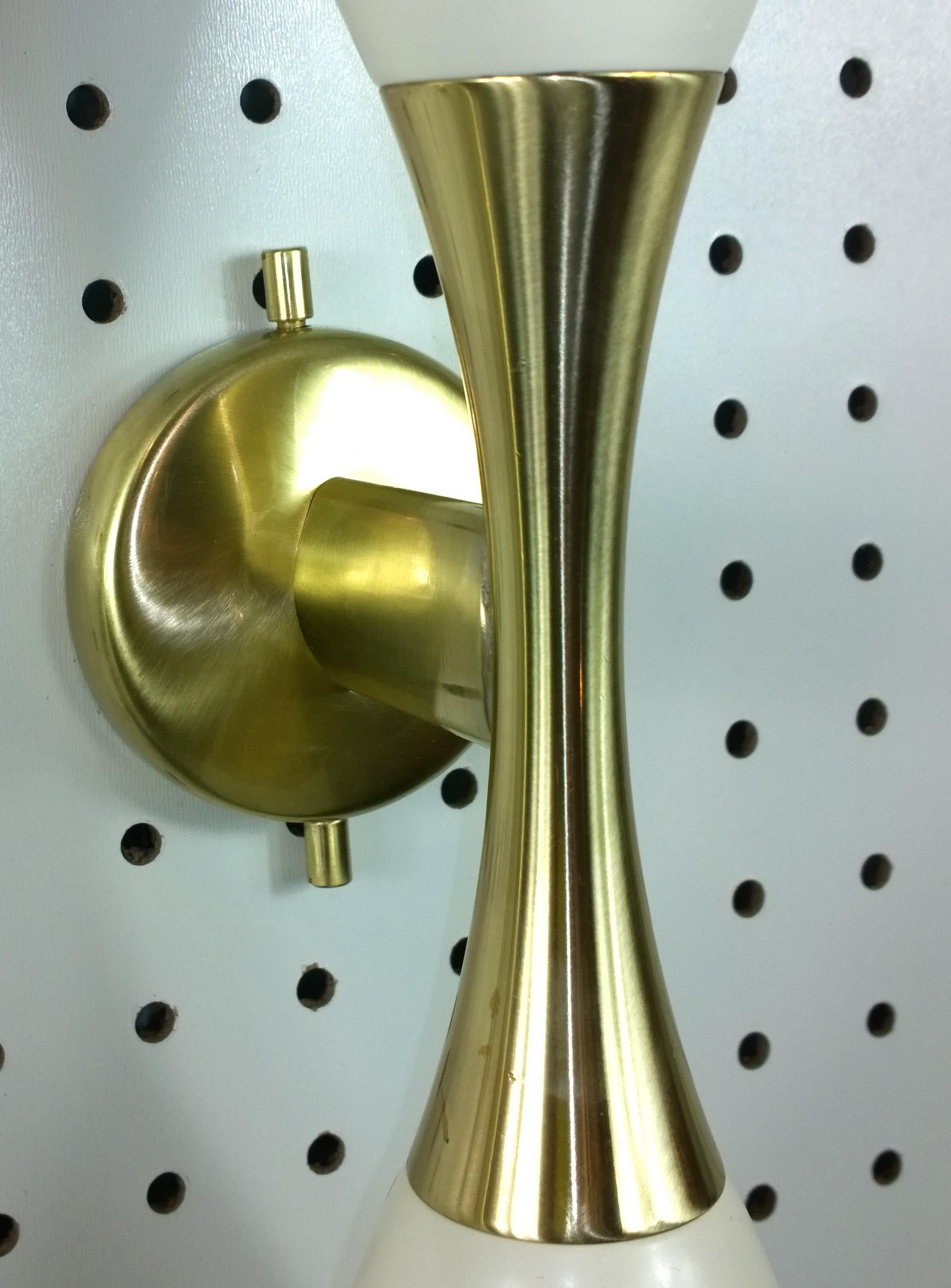 Pr Stilnovo Style White Enameled Aluminium Double Cone w/ Brass Accents Sconces For Sale 2