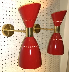 Pr of Double Cone Red Enameled Aluminum w/ White Interior & Brass Accent Sconces