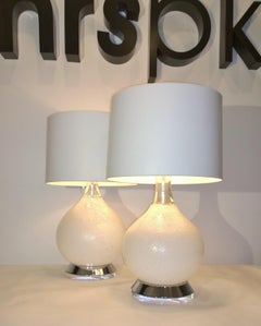 Vistosi White Textured Murano Glass with Chrome & Lucite Base Table Lamps, Pair