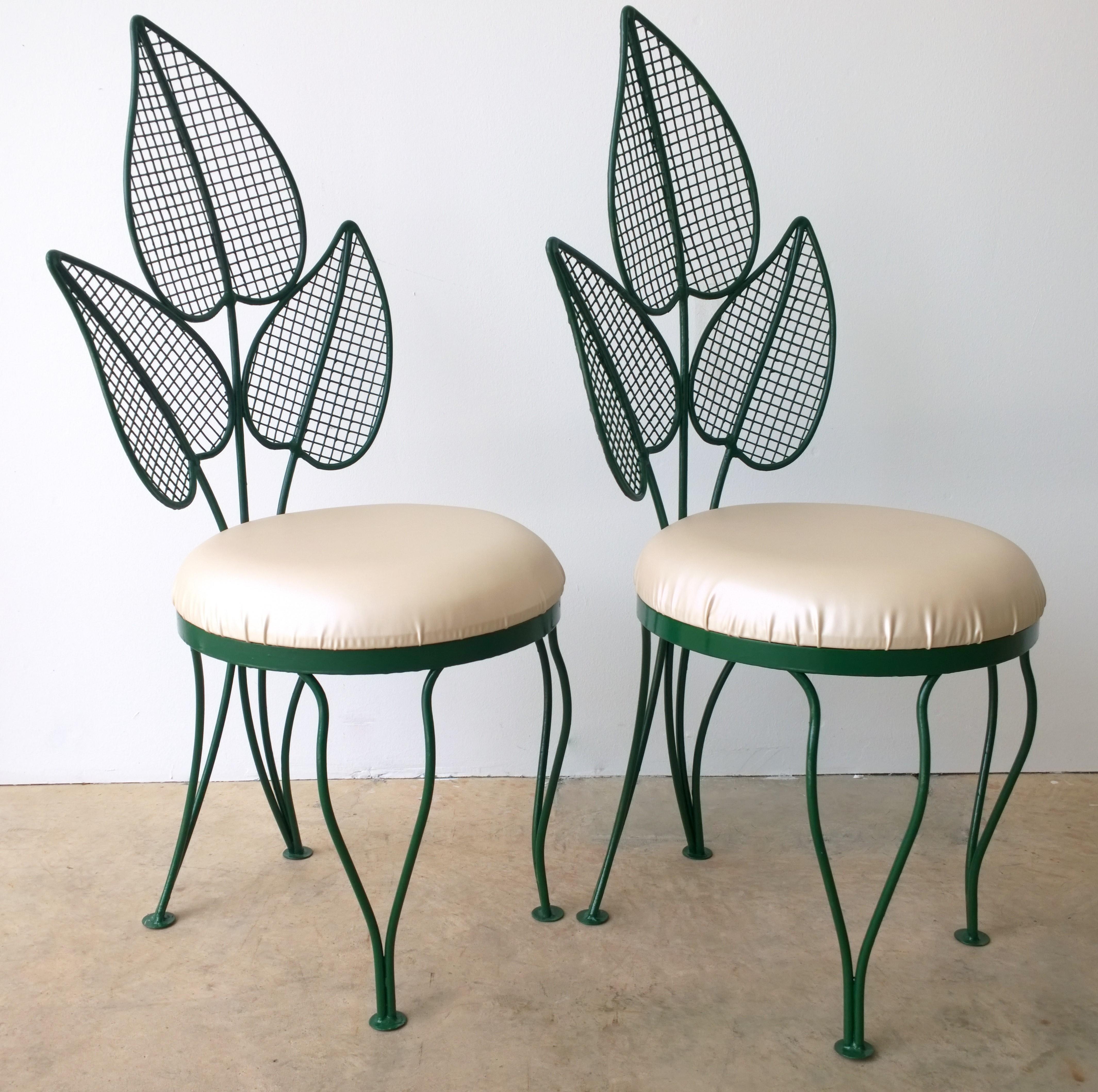 20th Century Salterini Dark Green Wrought Iron & Pink Cushion Palm Patio/Garden Chairs, Pair For Sale