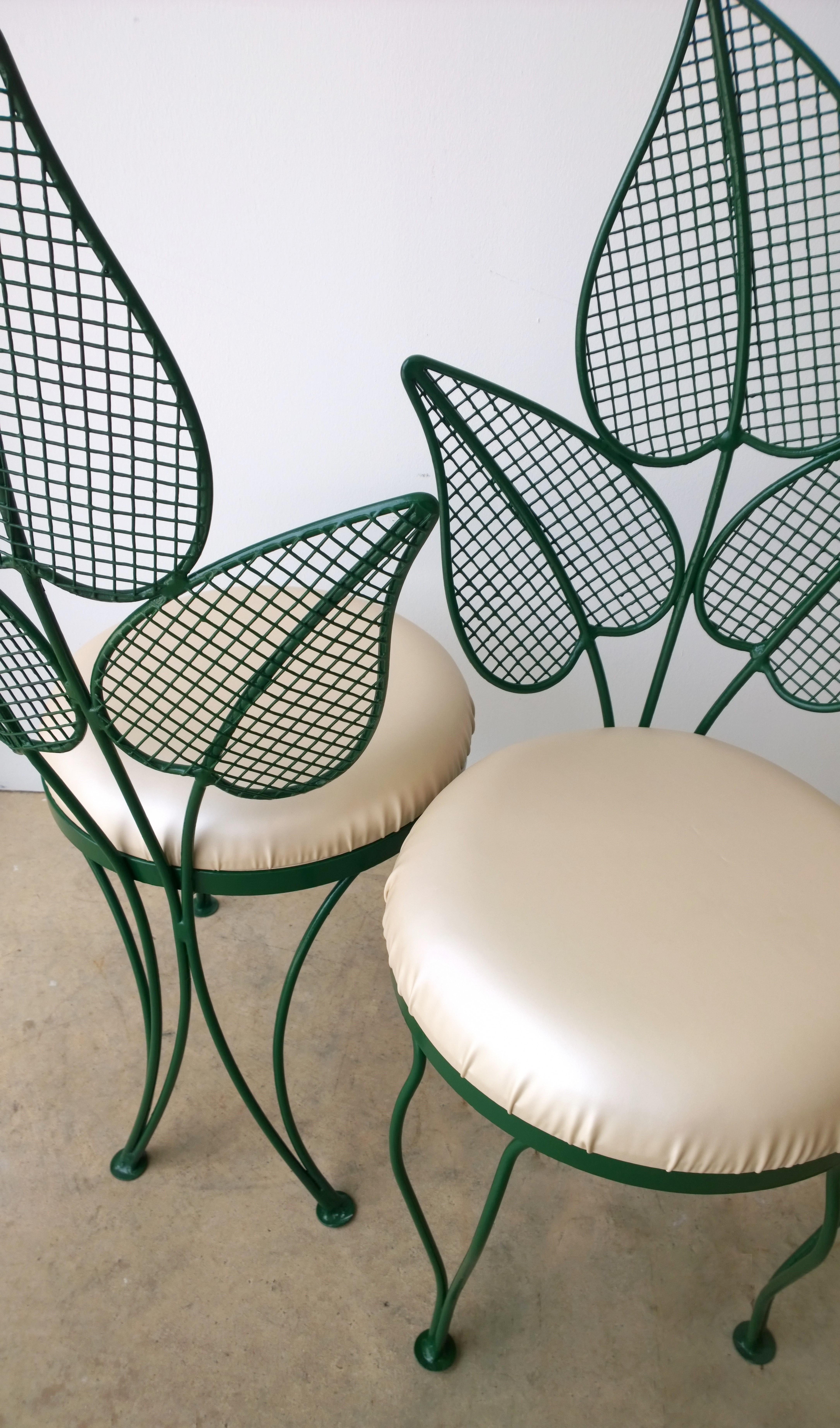 Salterini Dark Green Wrought Iron & Pink Cushion Palm Patio/Garden Chairs, Pair For Sale 1