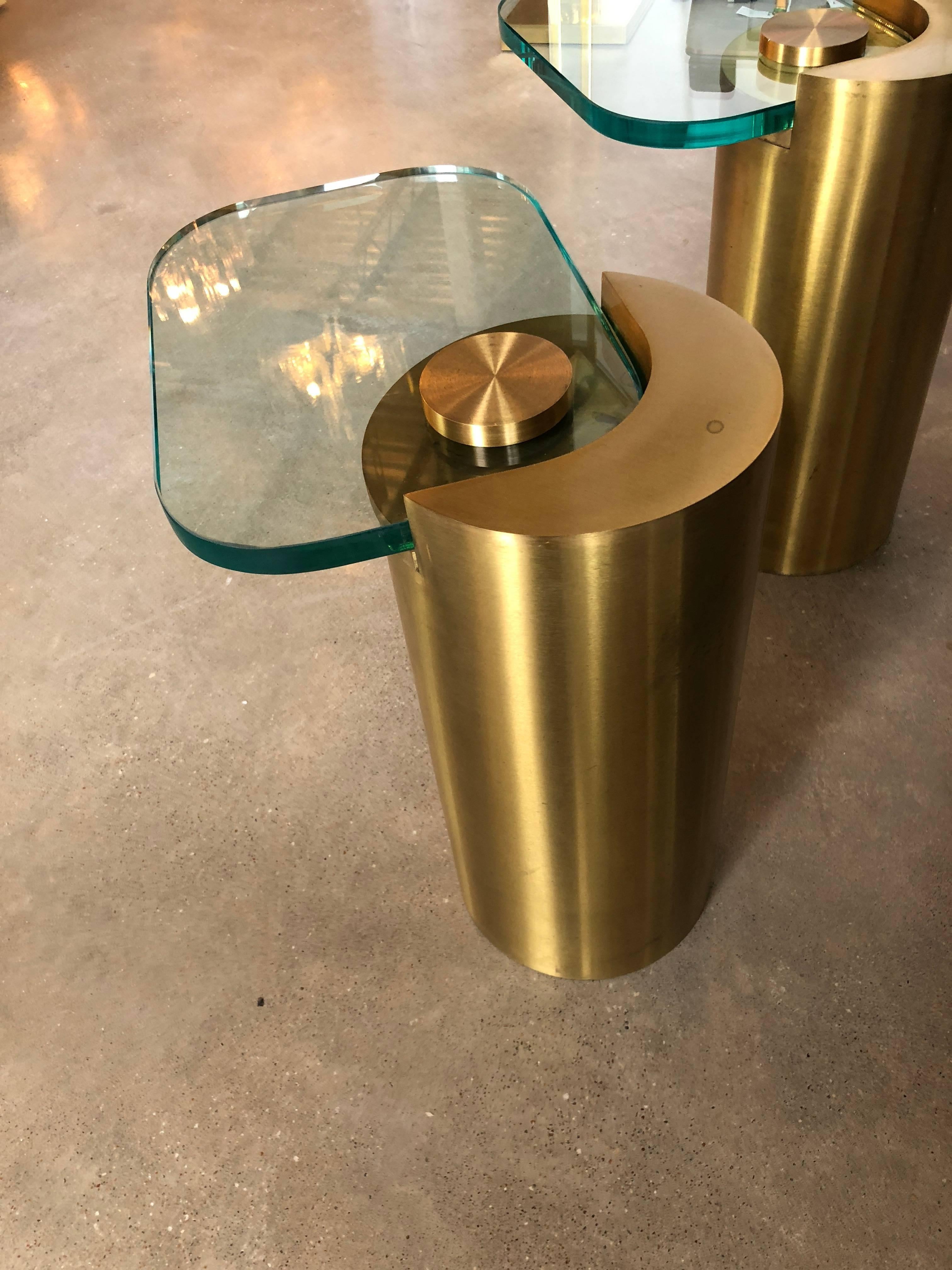 Mid-Century Modern Karl Springer Style Brass Cylinder & Glass Side Tables, Pair 8