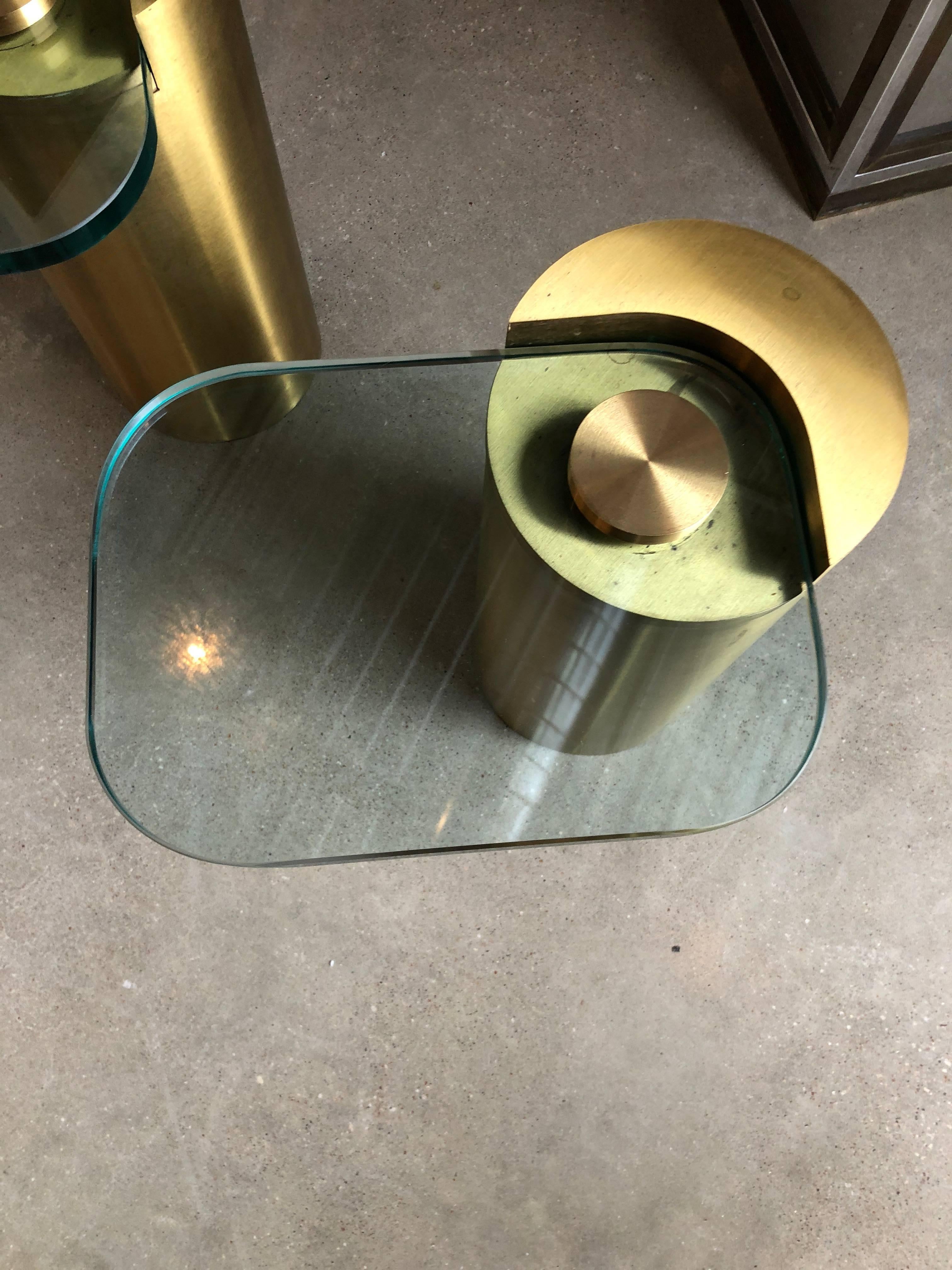 Mid-Century Modern Karl Springer Style Brass Cylinder & Glass Side Tables, Pair 5