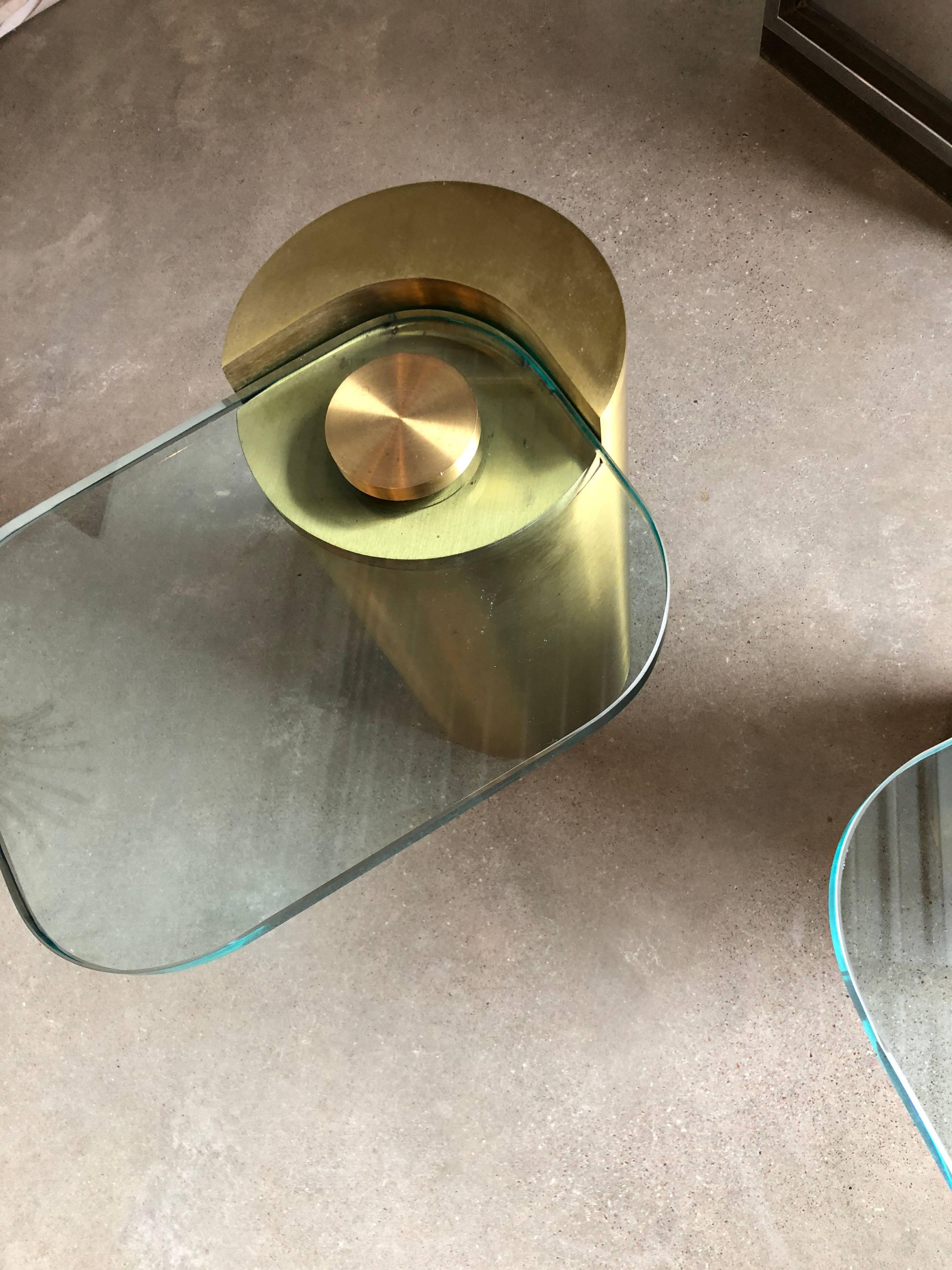 Mid-Century Modern Karl Springer Style Brass Cylinder & Glass Side Tables, Pair 6