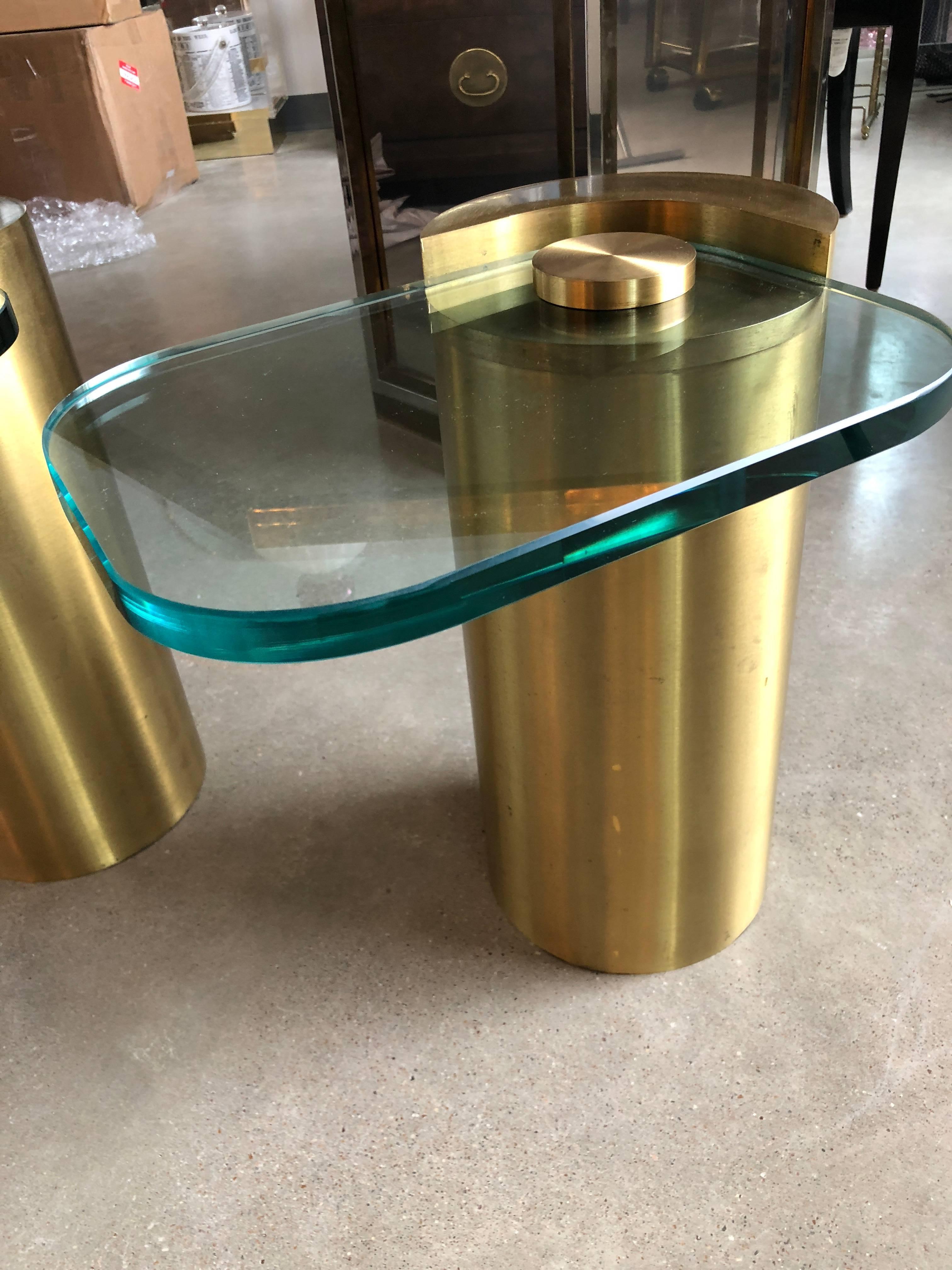 Mid-Century Modern Karl Springer Style Brass Cylinder & Glass Side Tables, Pair 7
