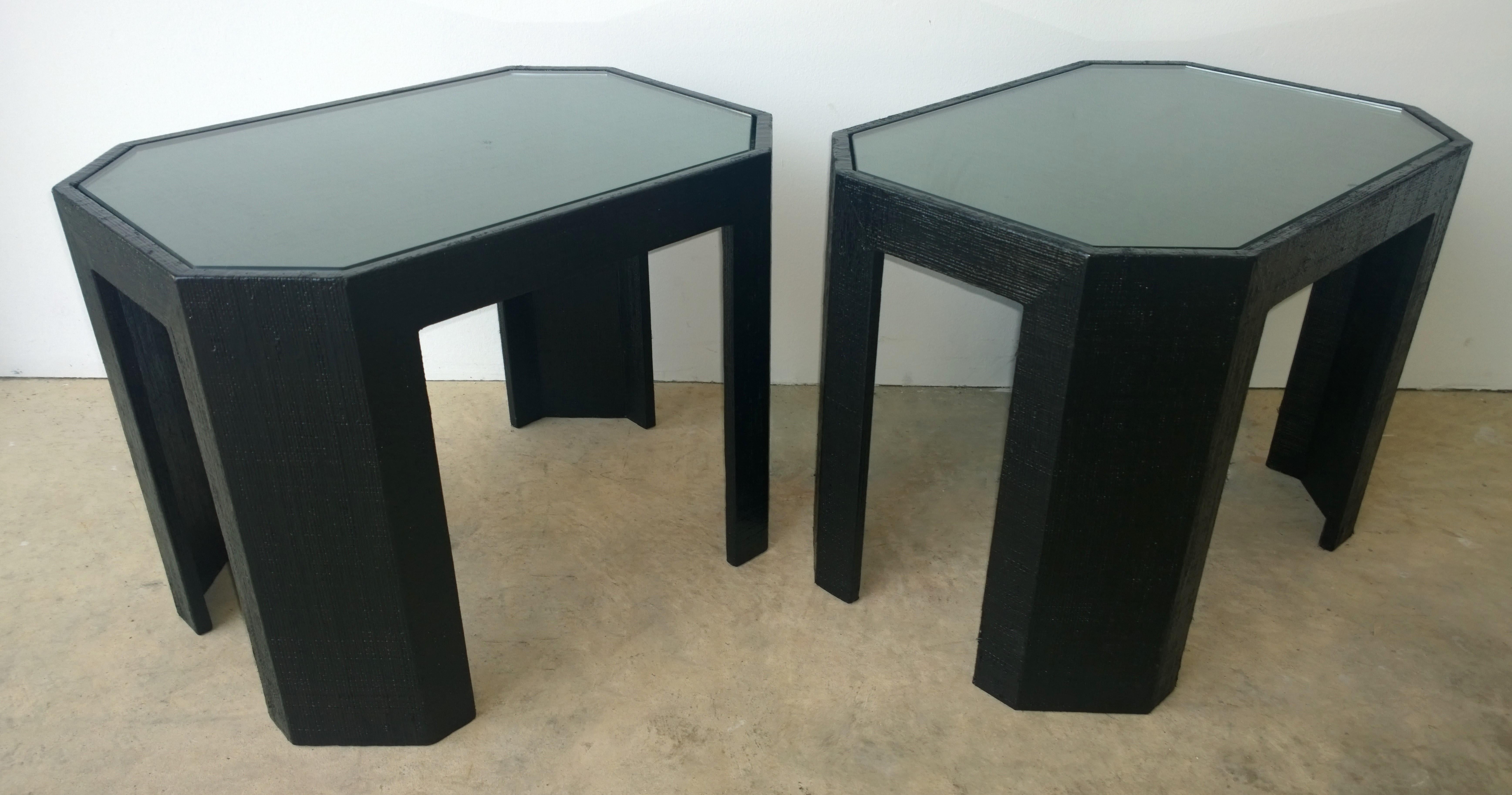 Lorin Marsh Newly Lacquered Grasscloth in Black with Glass Side/End Tables, Pair 3
