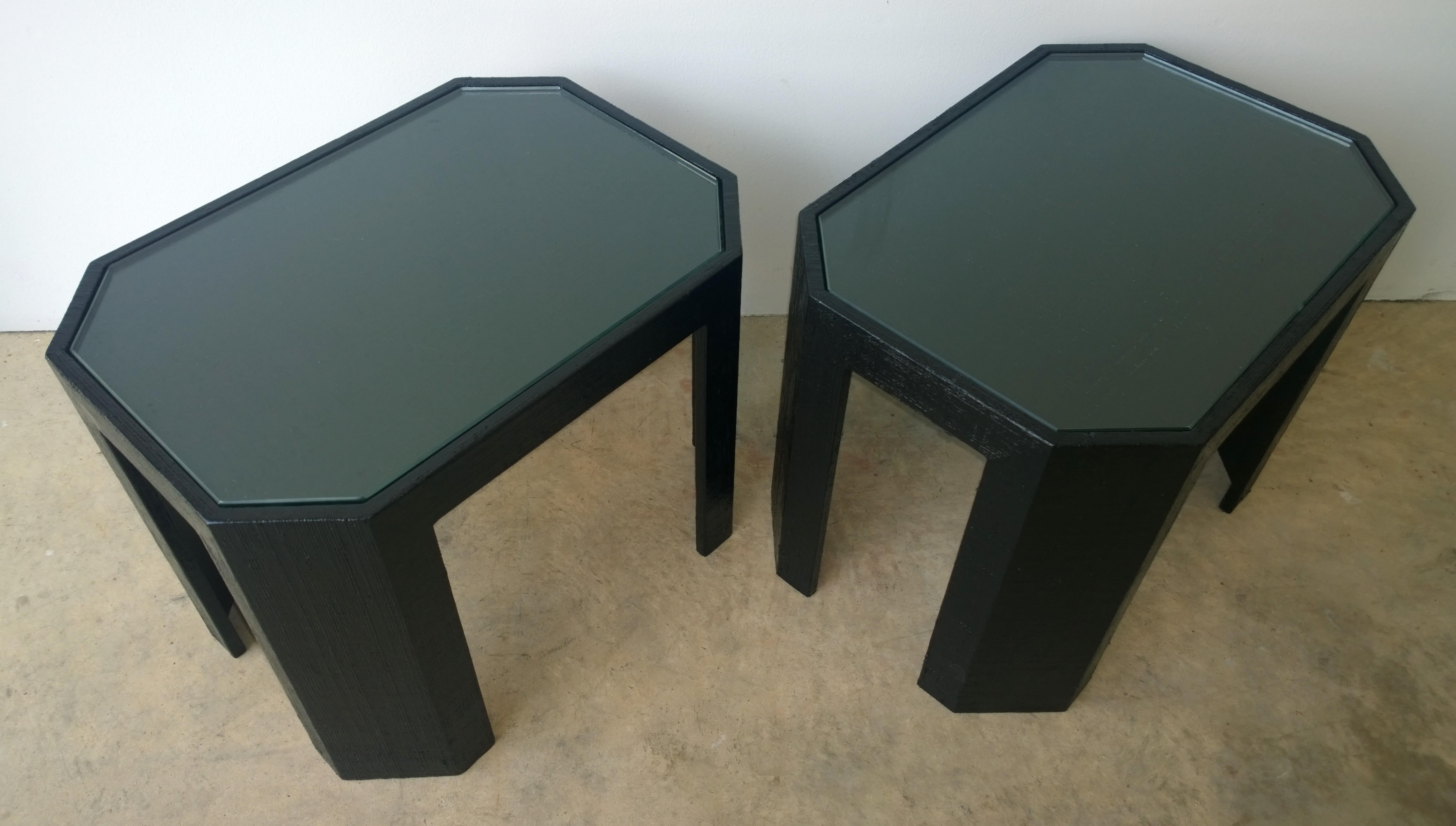 Lorin Marsh Newly Lacquered Grasscloth in Black with Glass Side/End Tables, Pair 2