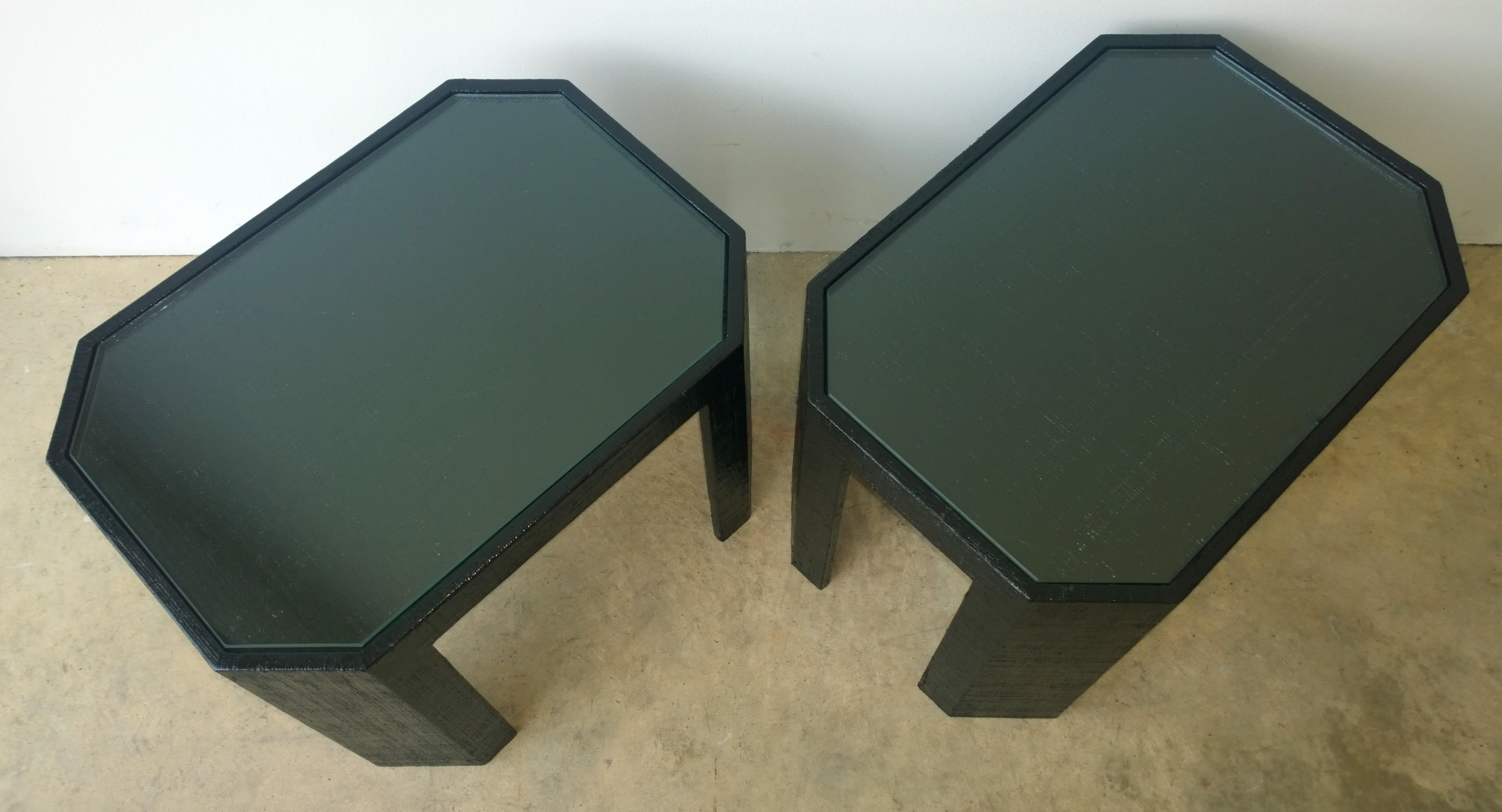 Mid-Century Modern Lorin Marsh Newly Lacquered Grasscloth in Black with Glass Side/End Tables, Pair