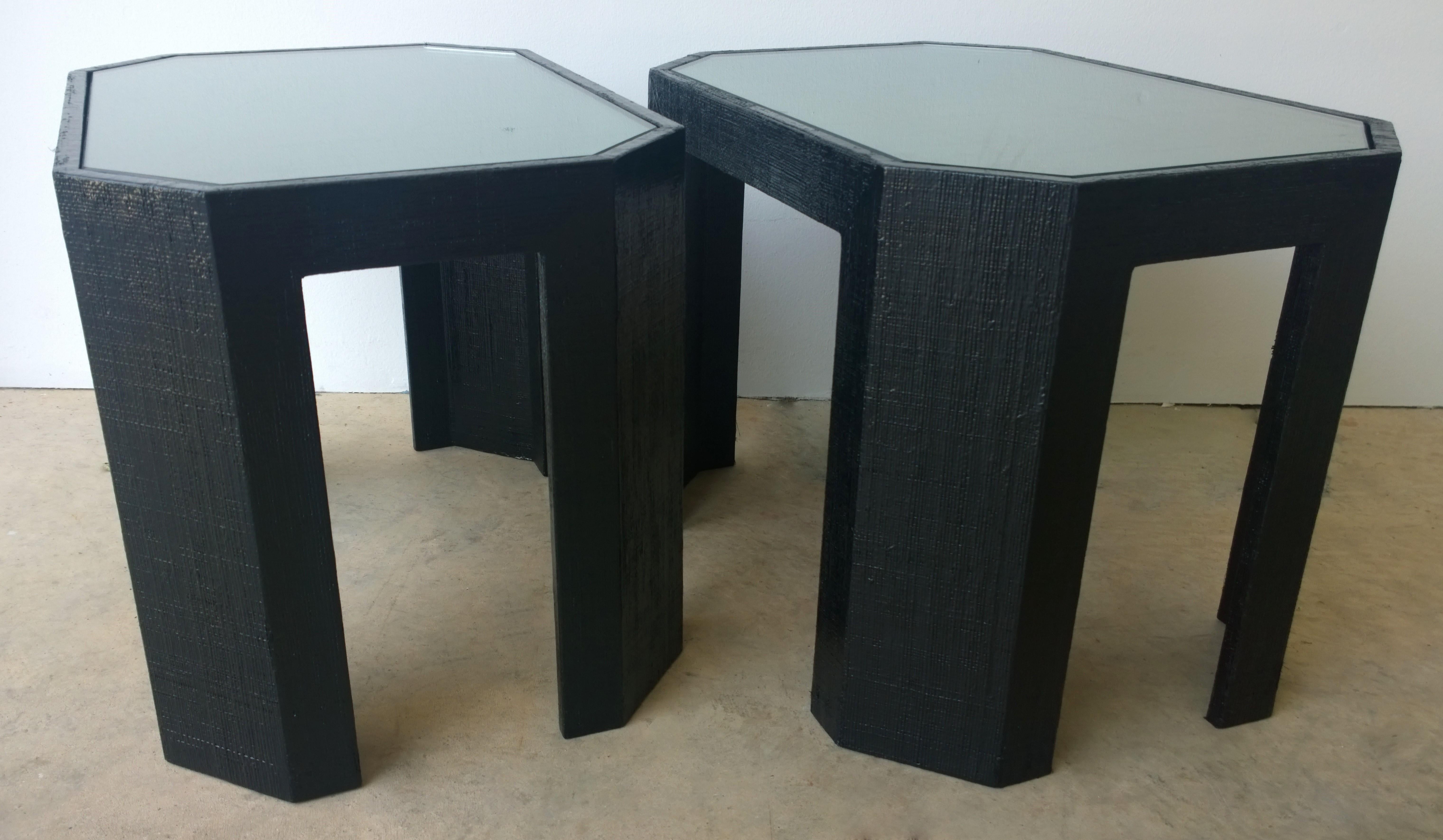 American Lorin Marsh Newly Lacquered Grasscloth in Black with Glass Side/End Tables, Pair