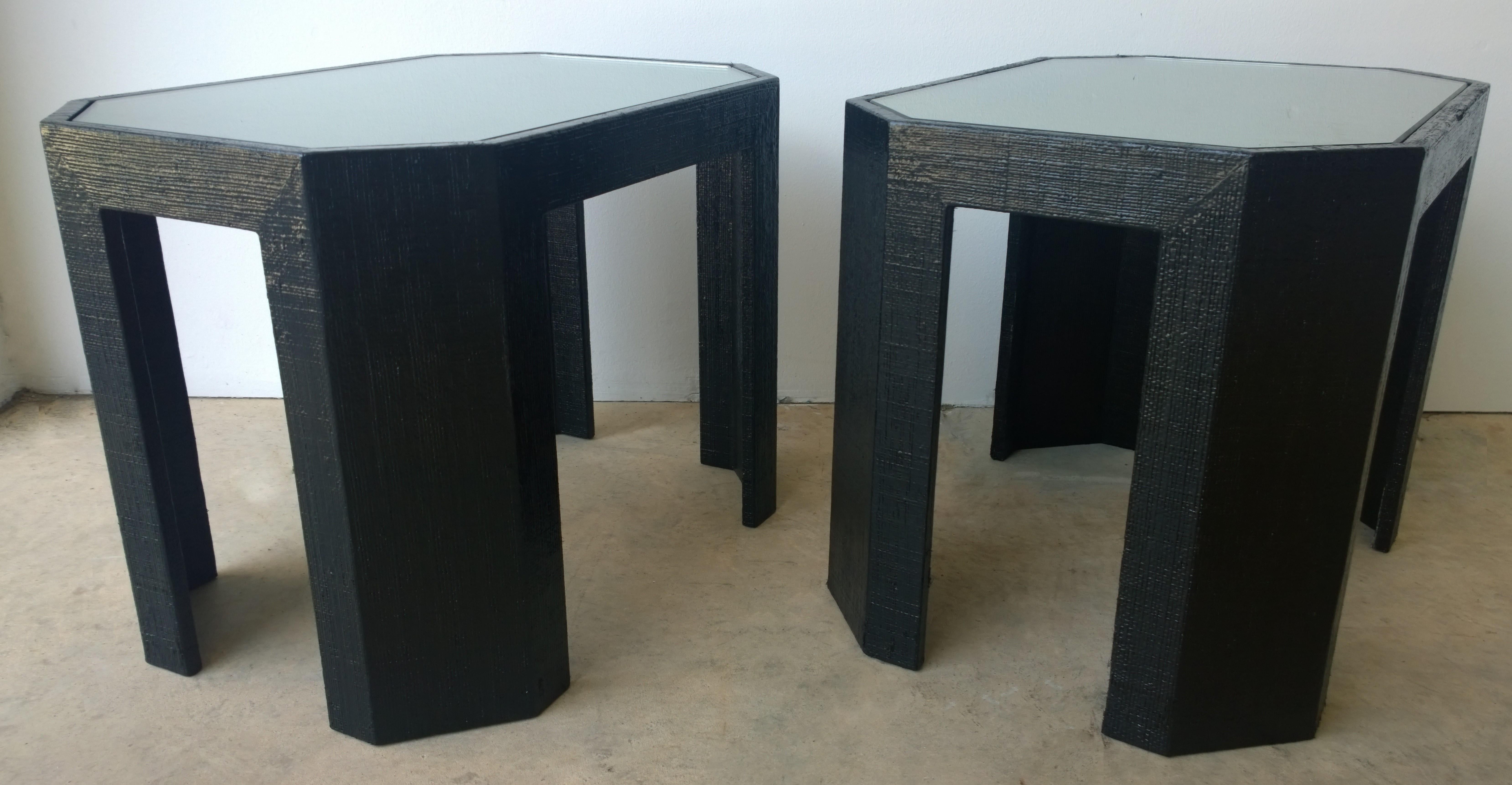Lorin Marsh Newly Lacquered Grasscloth in Black with Glass Side/End Tables, Pair 1