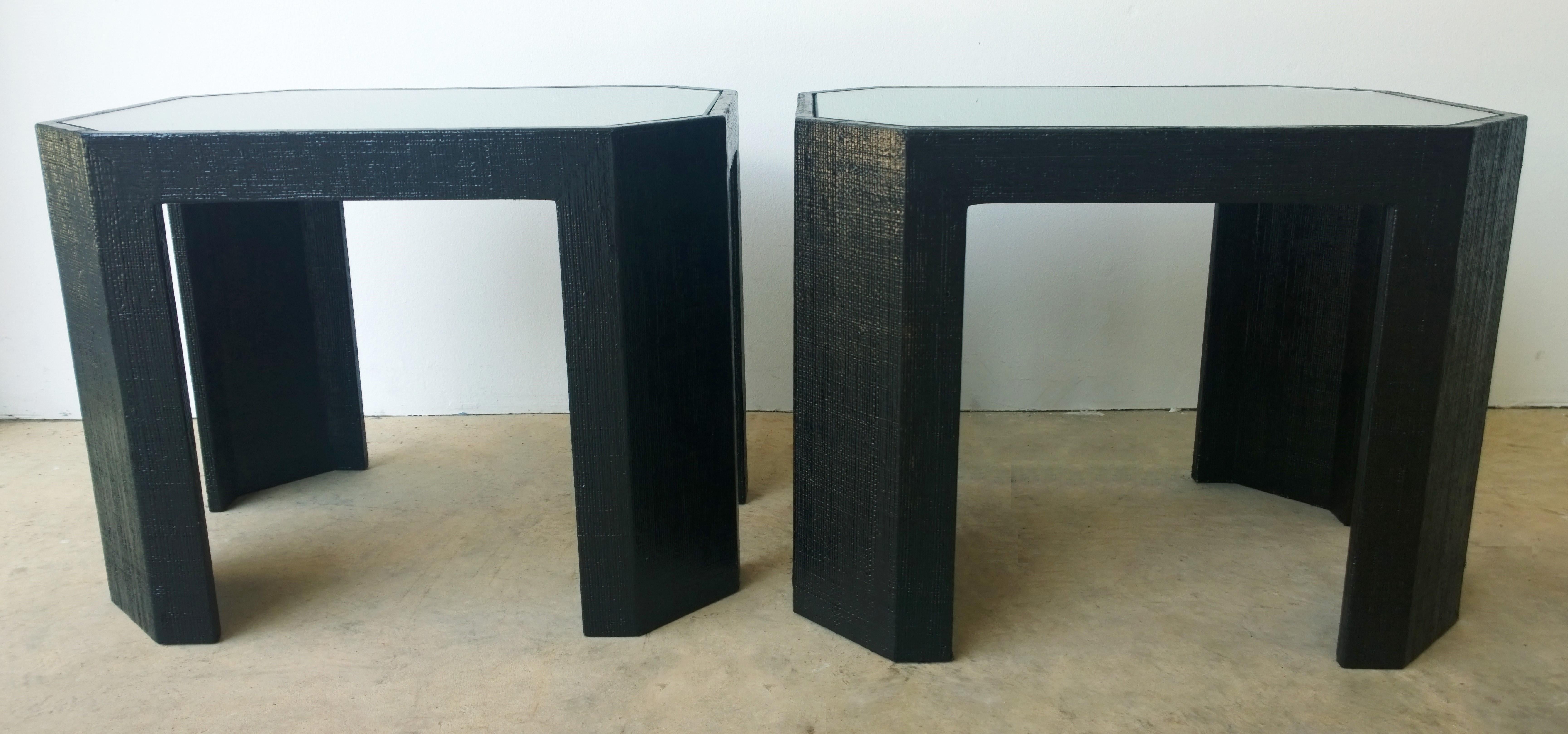 20th Century Lorin Marsh Newly Lacquered Grasscloth in Black with Glass Side/End Tables, Pair