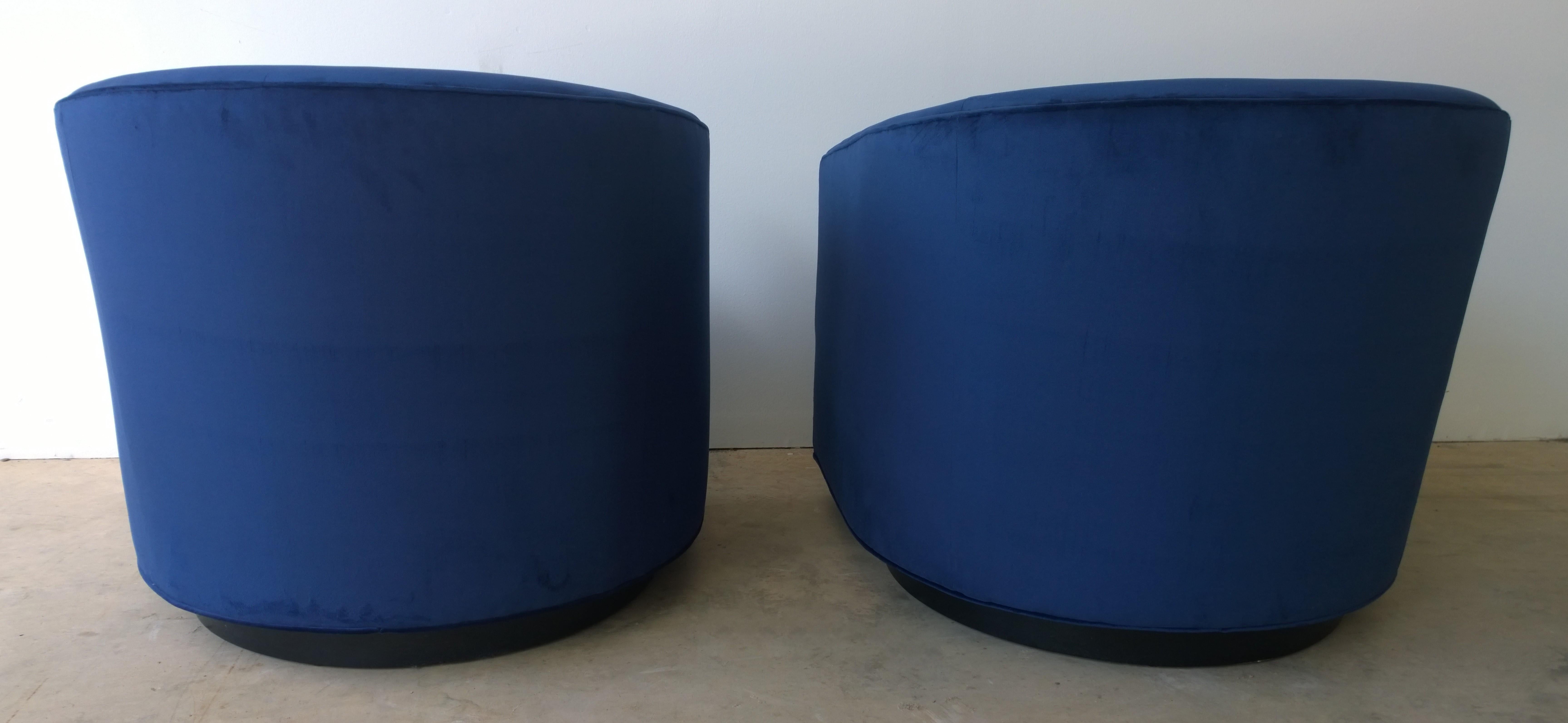 Pair of Baughman Style New Blue Cotton Velvet Swivel Chairs w/ Ebony Wood Bases For Sale 3